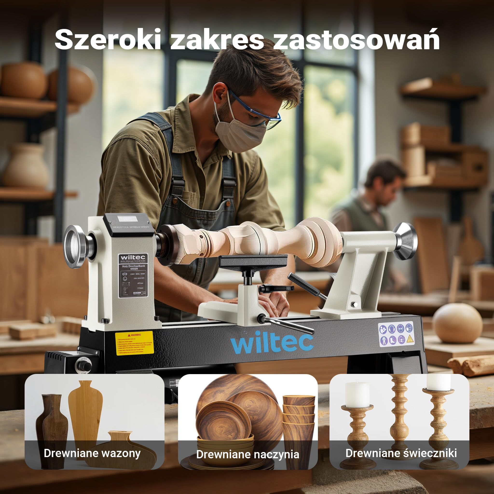 Wiltec Tokarka do drewna 550 W o regulowanej prędkości 650-3800 obr/min do obróbki drewna do 457 mm długości i 310 mm średnicy z akcesoriami