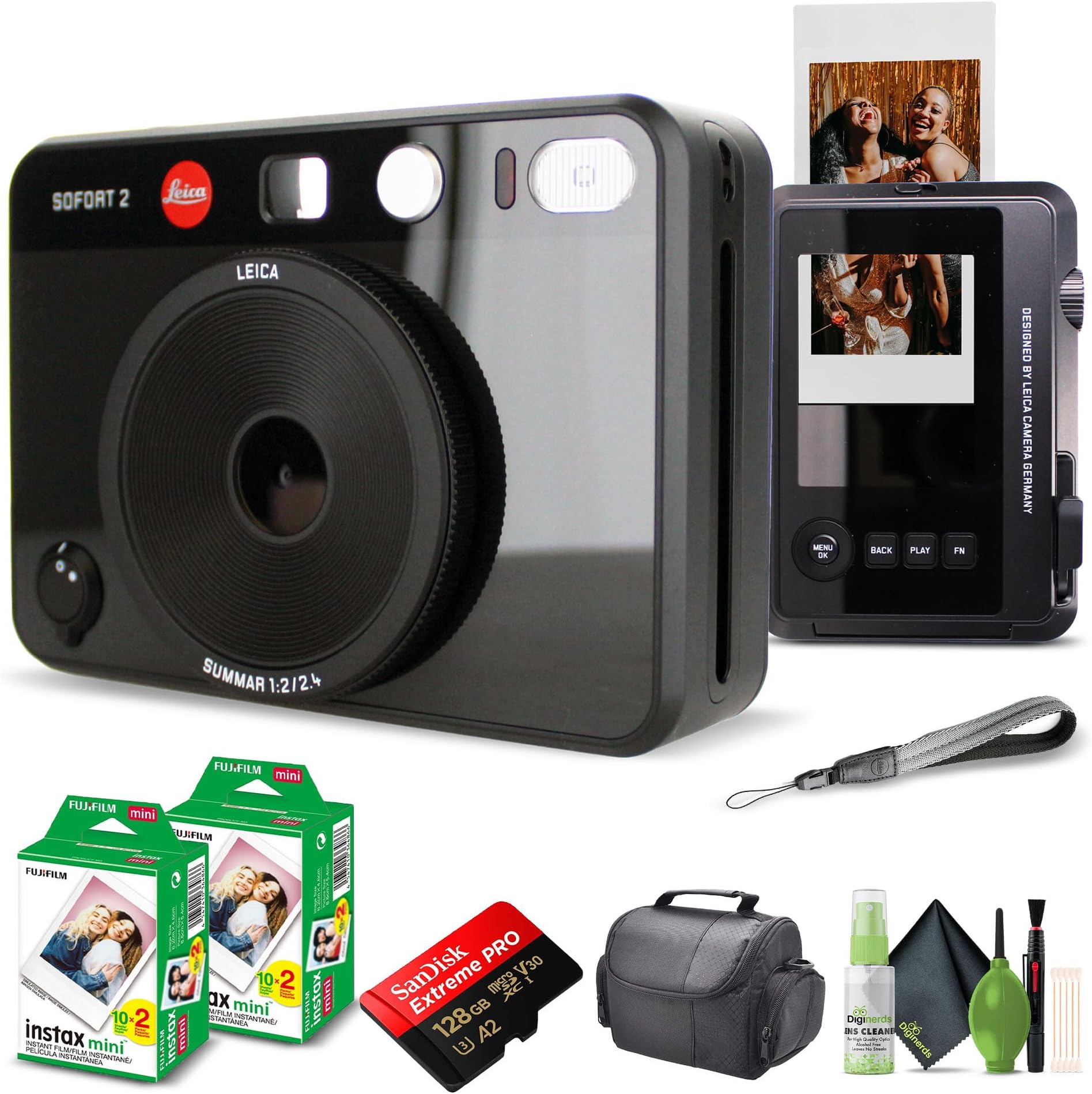 Leica Sofort 2 Hybrid Instant Photo Film and Digital Camera (Black) (19190) with LCD Display Bundle with Fujifilm Instant Film 40 Sheets + 128 GB Memory Card + Bag + Cleaning Kit