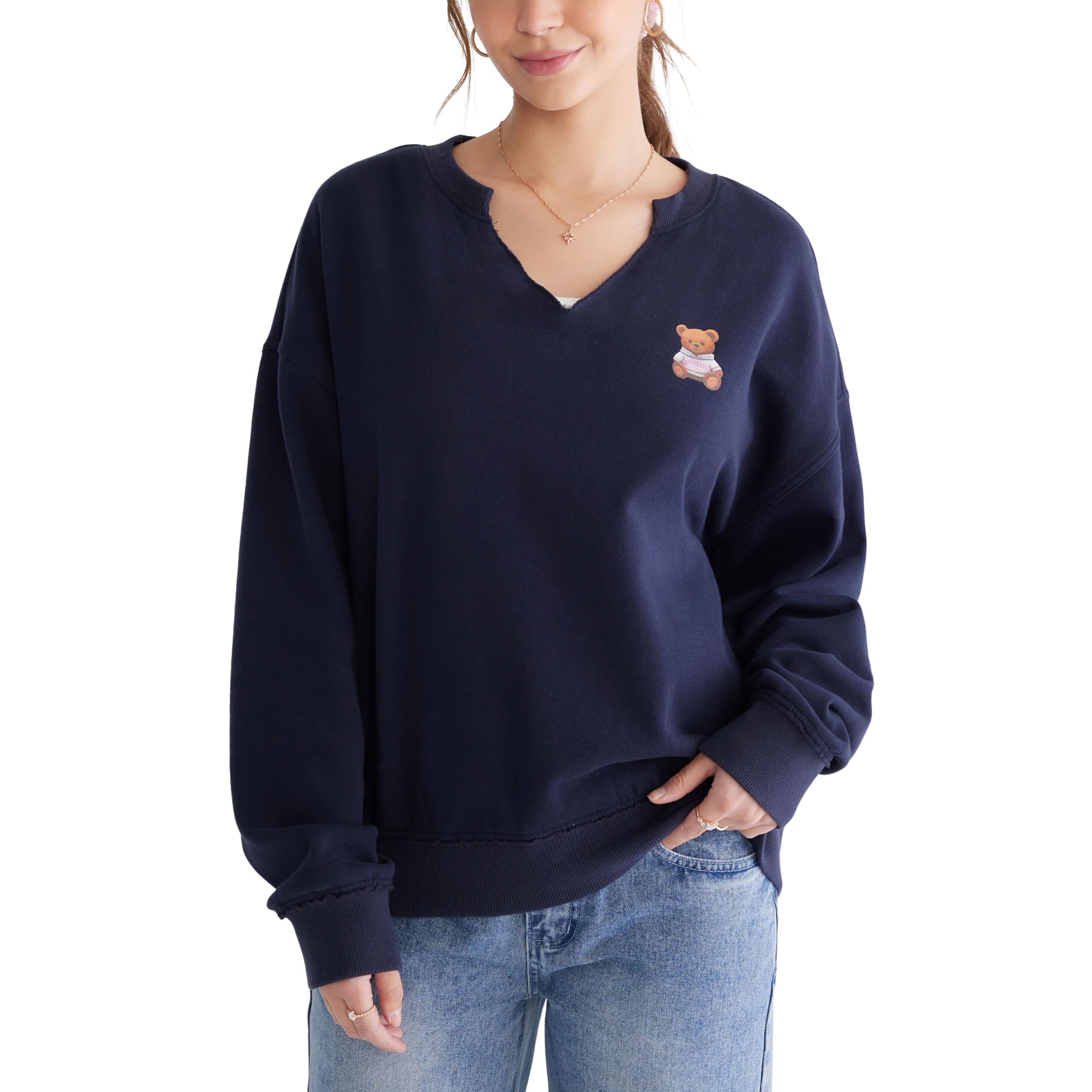 AEROPOSTALE Women's Bear Notch Neck Sweatshirt, Night Sky, S