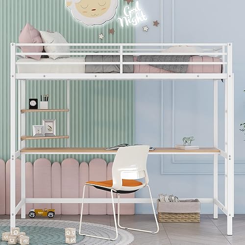 Miniatura 4 de Marco de cama de metal tipo loft de tamaño individual con escritorio y estantes de almacenamiento, marco de cama de metal con barandilla segura y