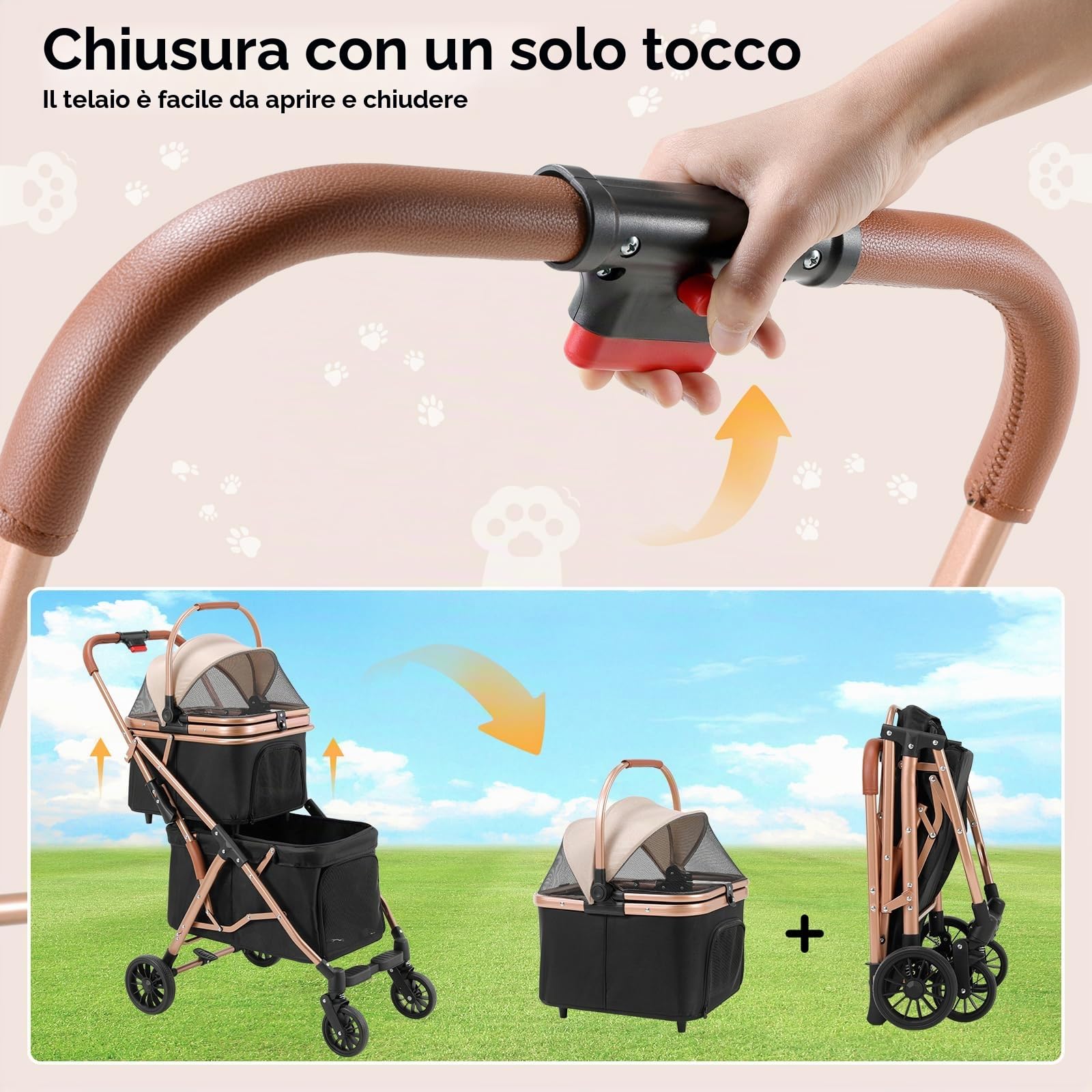 MAMIZO Passeggino Doppio Strato per Cani, Pieghevole Passeggino per Animali Domestici fino a 15 kg, Carrello per Cani, Passeggino Cane con Finestre a Rete e Portabevande e 4 PCS ruote, Nero