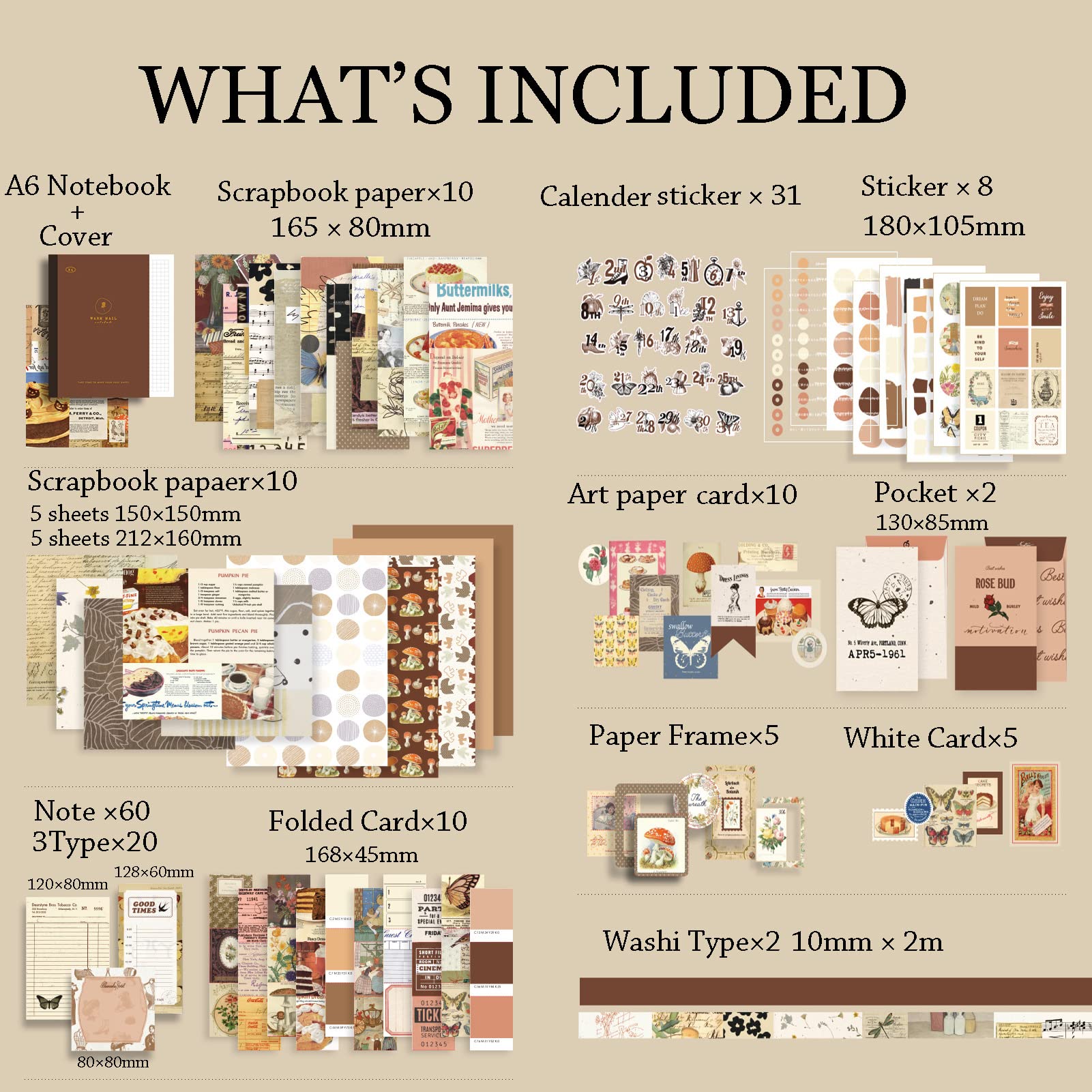 UPSYTIO Vintage Scrapbook Kit, Journaling Scrapbooking Supplies with A6 Grid Notebook, Aesthetic Paper, Stickers, Washi Tape for DIY Craft (346pcs)