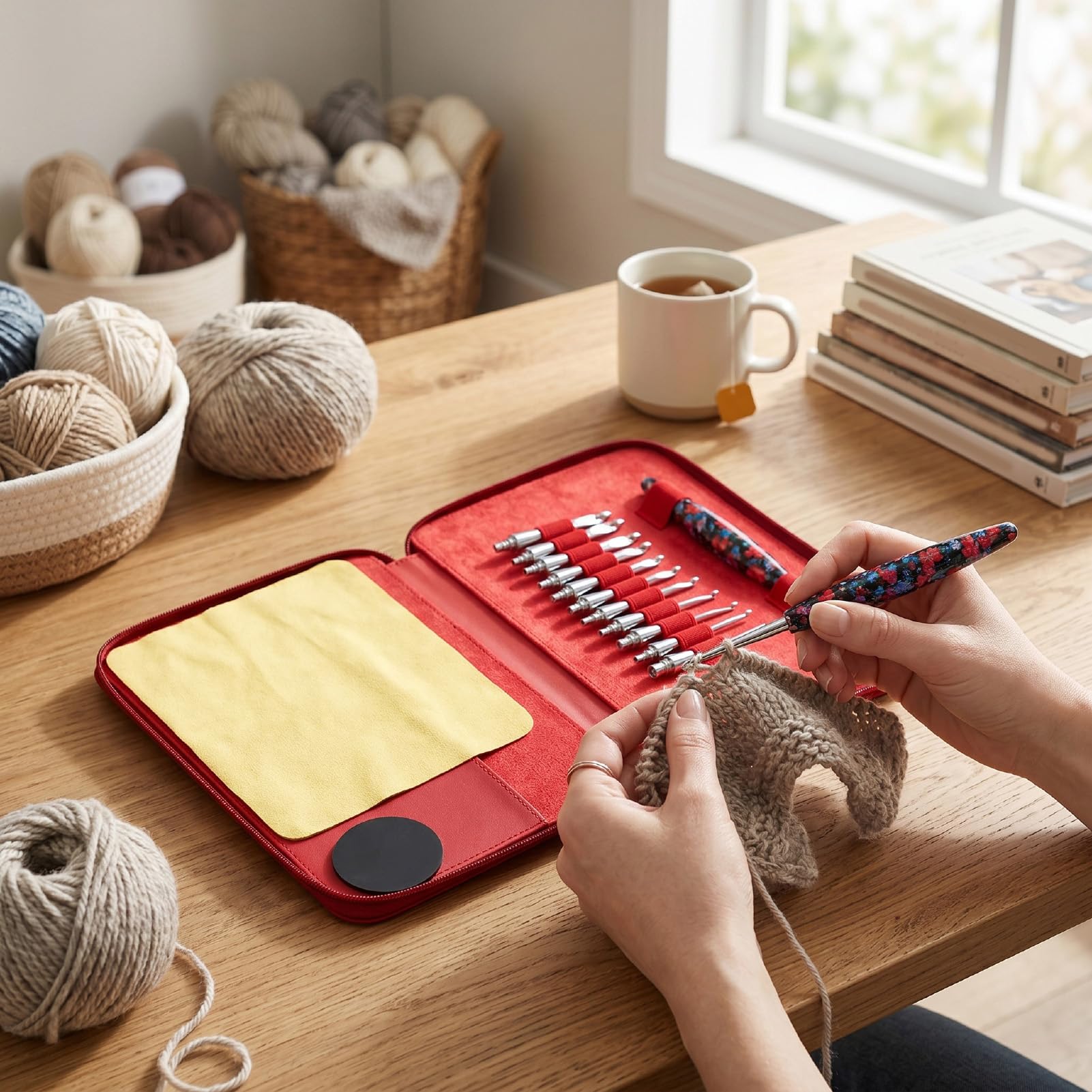 TIKATARER Juego de 11 Ganchos de Ganchillo Intercambiables, Mango Ergonómico con Bolsa de Almacenamiento con Cremallera Red Crane Ganchos de Aluminio de 3,0-9,0 mm para Tejido