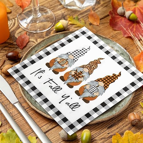 Miniatura 6 de AnyDesign Servilletas de papel con texto en inglés "It's Fall Y'all", servilletas de almuerzo de gnomo de otoño, desechables, a cuadros, gnomo,