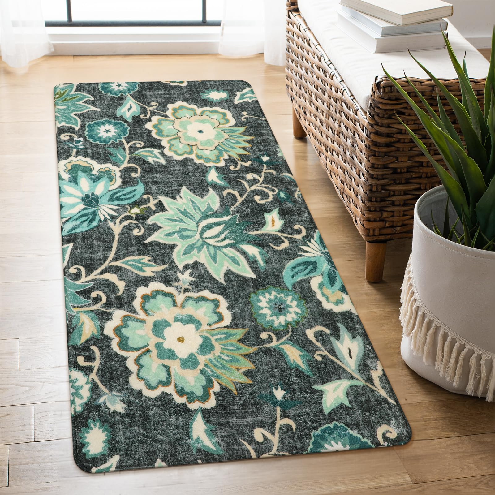 Lahome Floral Washable Rugs Runners - 2x4 Area Rug Low-Pile Non-Slip Rugs for Entryway Runner Small Throw Soft Bathroom Rug Runner Bedside Rug, Boho Blue Paisley Carpet Runners for Hallway Kitchen