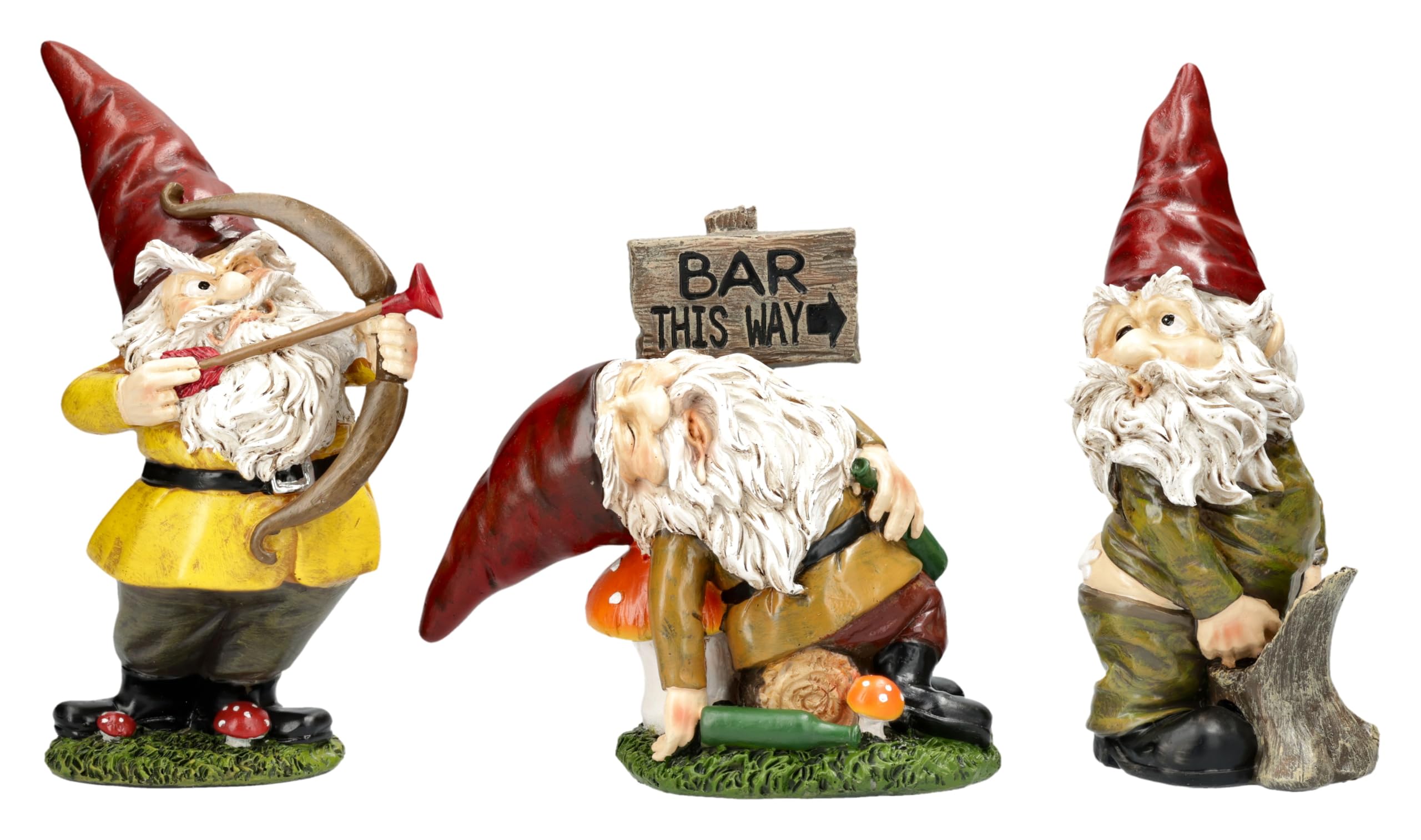 Figuren Shop GmbH Gartenfigur Gartenzwerg Set 3er 15-19 cm – freche Zwerge mit Amor, pinkelndem Zwerg und Säufer aus Polyresin, handbemalt und wetterfest – Dekofiguren Gartendeko 3-teilig