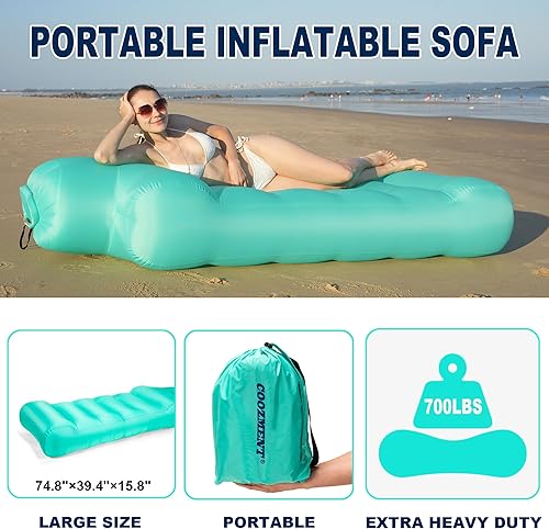 Miniatura 4 de COOZMENT Tumbona inflable portátil con almohada, sofá inflable, silla de playa inflable, TPR impermeable, antifugas de aire, sofá de aire ondulado