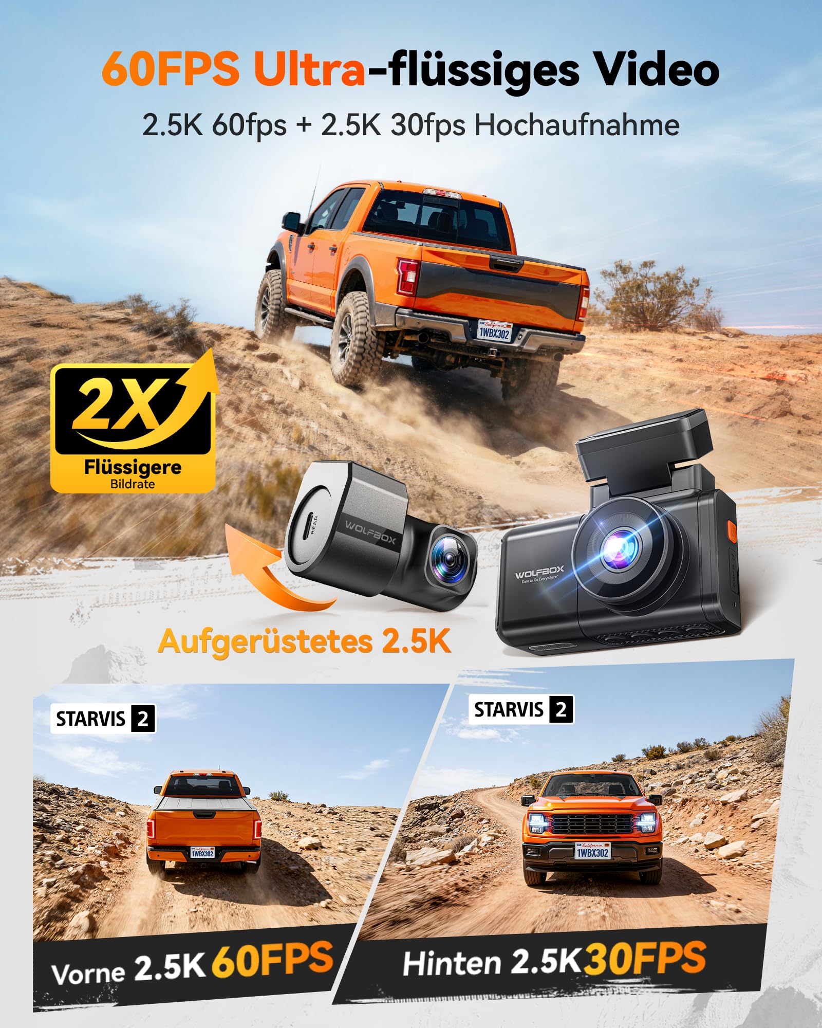 WOLFBOX X3 PRO Dashcam Auto, Dual 5MP STARVIS 2 IMX 675, 1440P 60FPS+1440P ADAS Dashcam Auto Vorne Hinten, Bildstabilisierung mit 5.8GHz WiFi, Sprachsteuerung & Touchscreen, 64GB Karte & GPS Inklusive