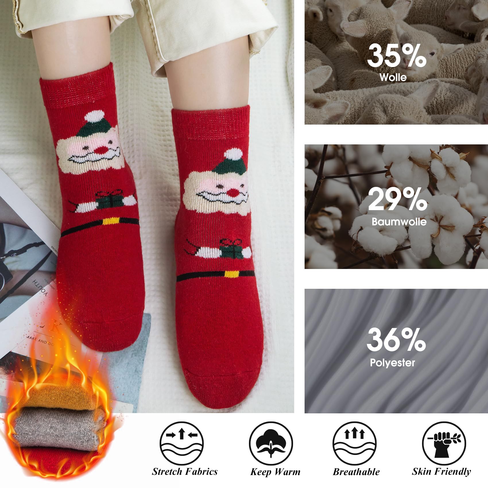 Wostock 5paia Calze Termiche da Donna, Calzini Lana Donna Vintage di Lana Invernali Traspirazione per Casuale