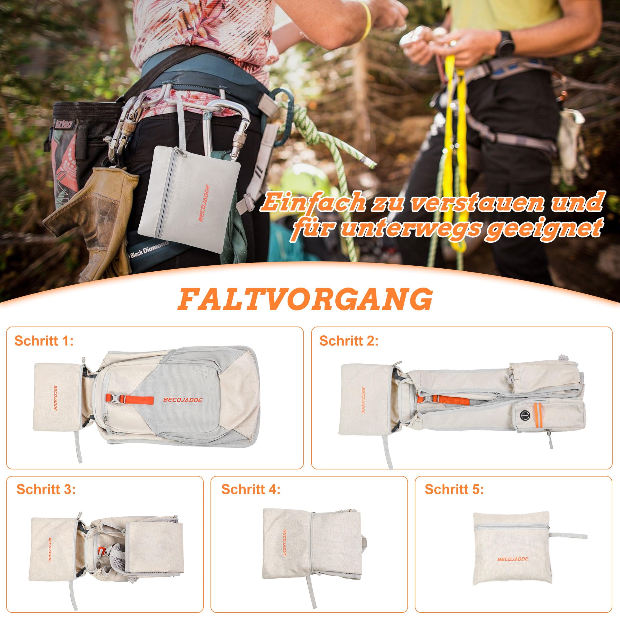 BECOJADDE 15L Wanderrucksack Herren Kleiner Rucksack Damen Leichter Daypack Tagesrucksack Faltbarer Trekkingrucksack für Camping Outdoor Wandern Travel Beige