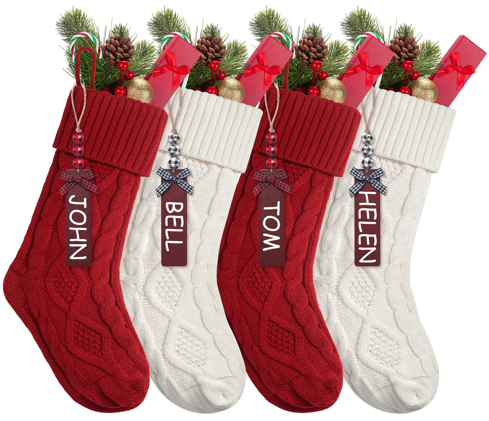 4 Pack Christmas Stocking, 18 Inches Large Cable Knitted Christmas Stockings with Name Tags, Xmas Hanging White Red Stocking Decorations,Holiday Family Stocking for Fireplace Party Decoration