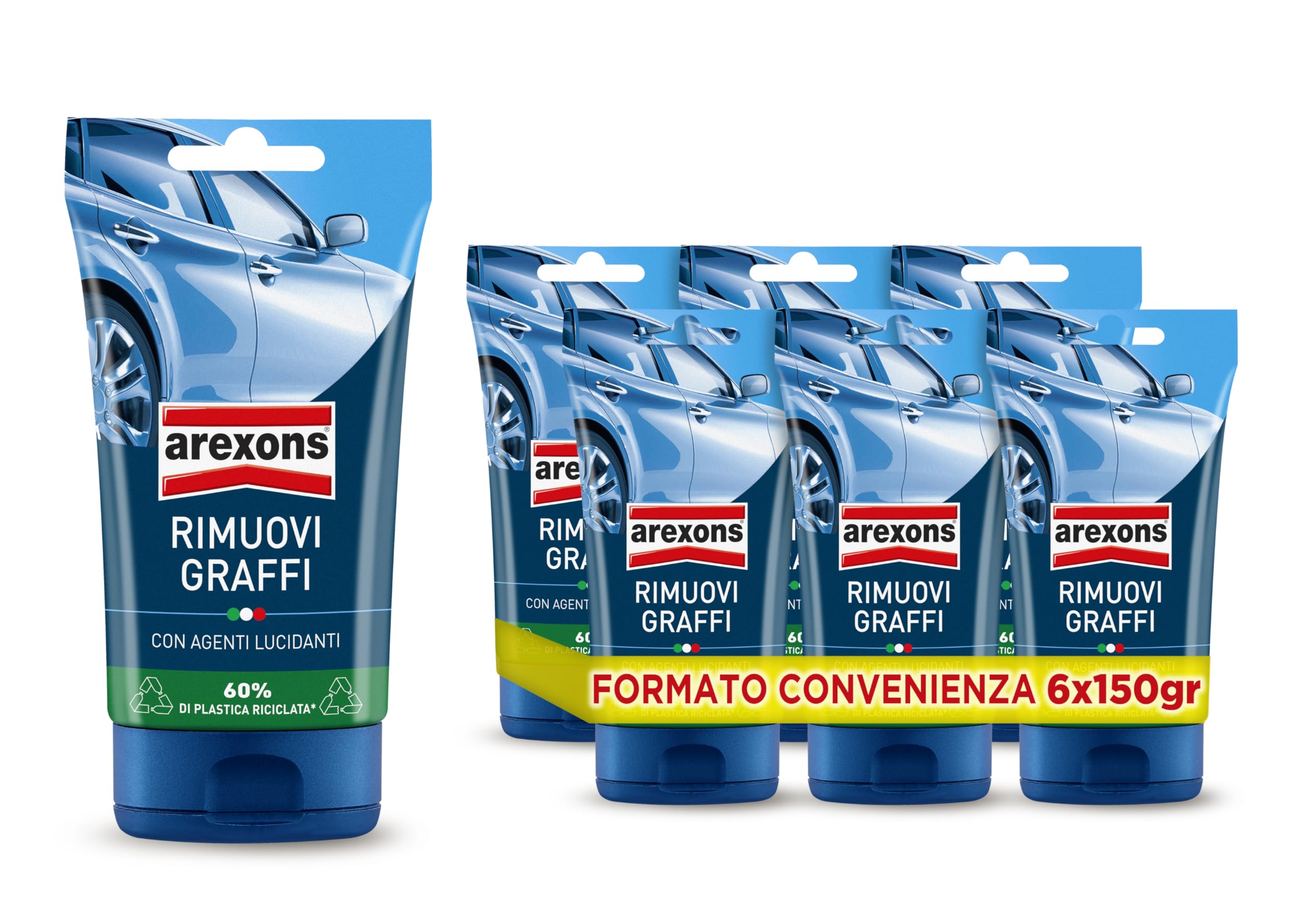 AREXONS Pasta Rimuovi Graffi, Speciali Microparticelle per Attenuare Anche Graffi Profondi, Delicato sulla Carrozzeria, con Agenti Lucidanti, 6 Pezzi 150 gr