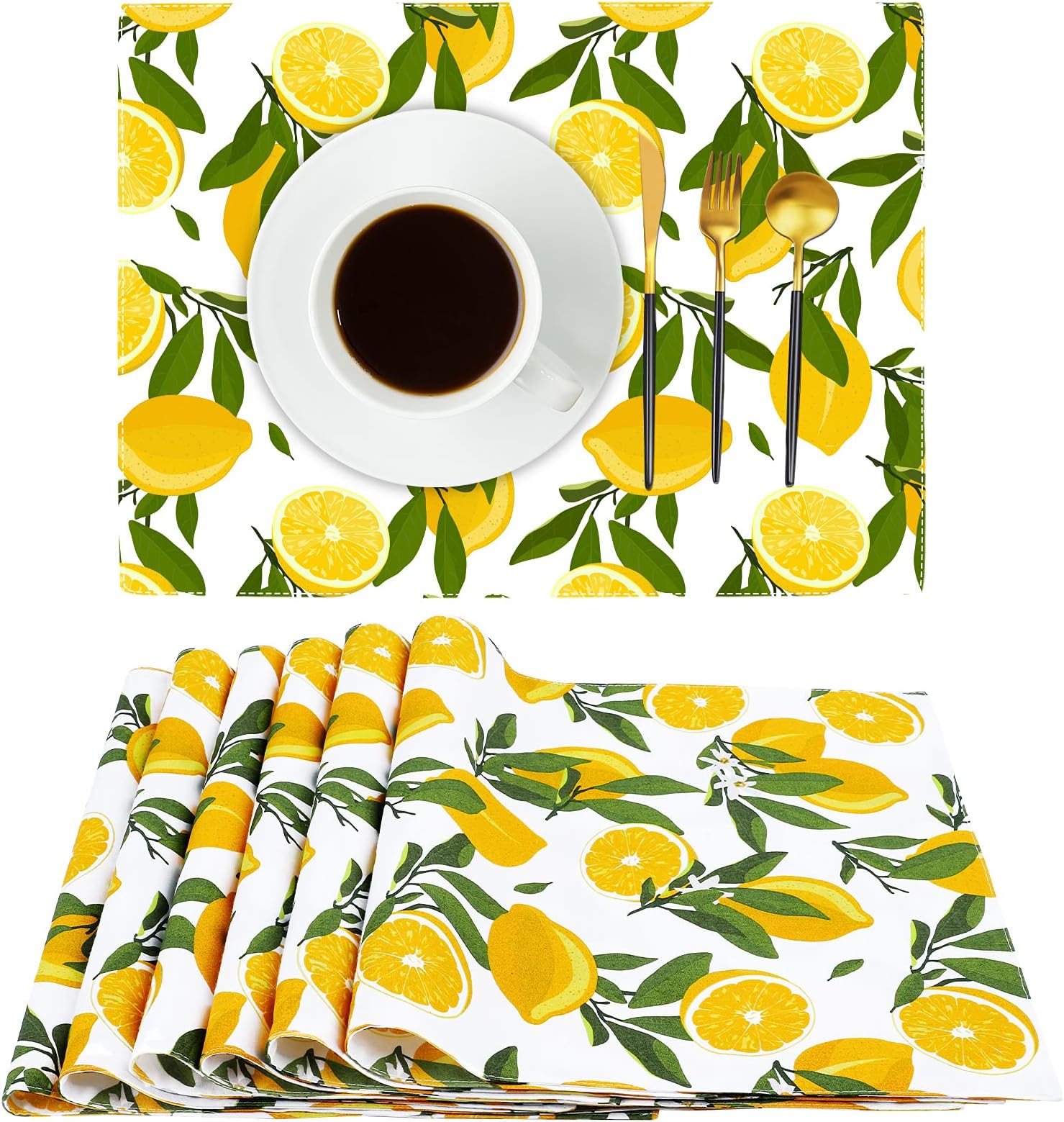 Ruisita 6 Pack Cotton Cloth Placemat Yellow and Green Lemon Tablemats Yellow Lemon Table Mats for Kitchen, Indoors, Outdoors, 13 x 18 Inches