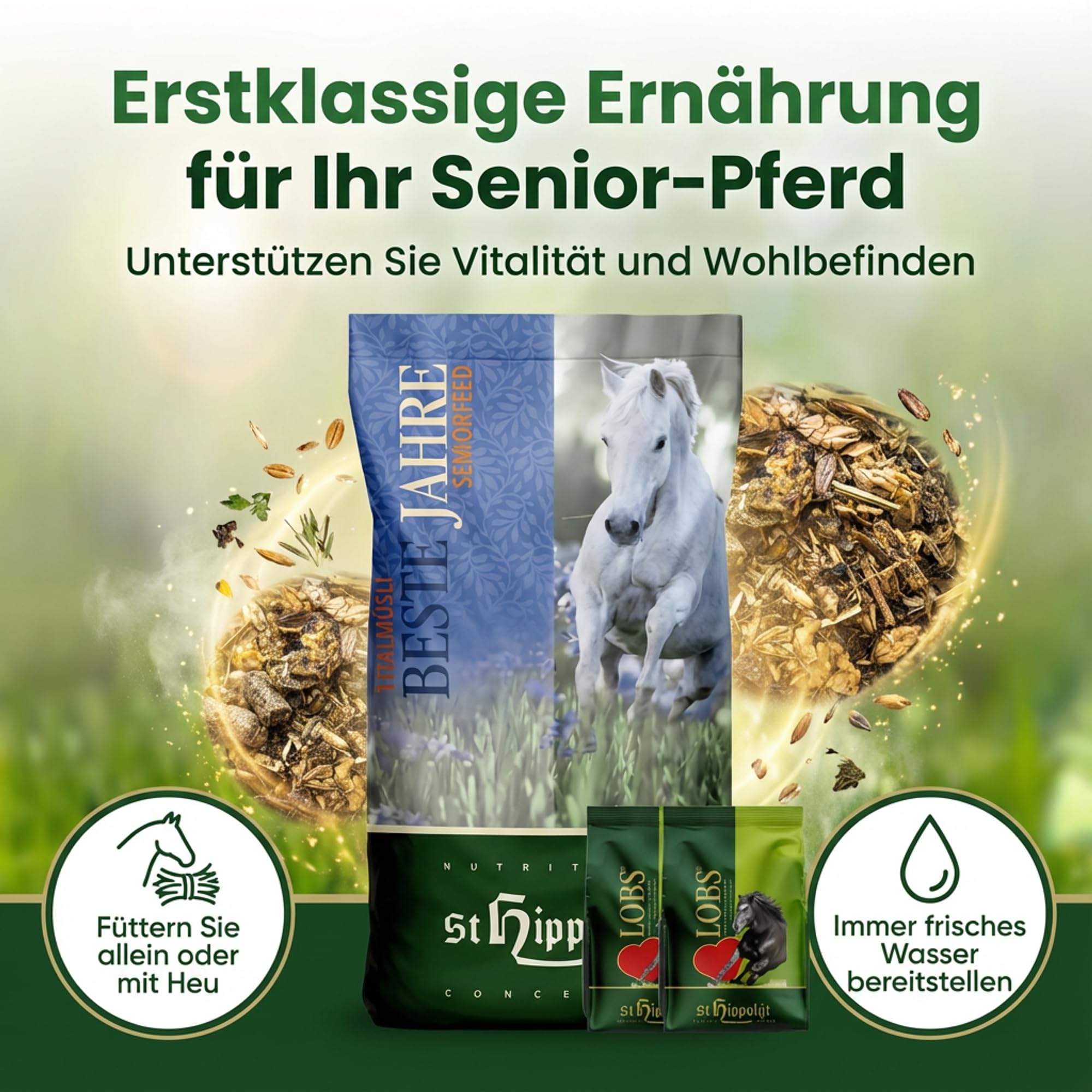 St. Hippolyt Vitalmüsli Beste Jahre 20 kg - Reichhaltige Nähr- und Aufbaukost + 2 x 1 kg Belohnungs-Lobs in Würfelform