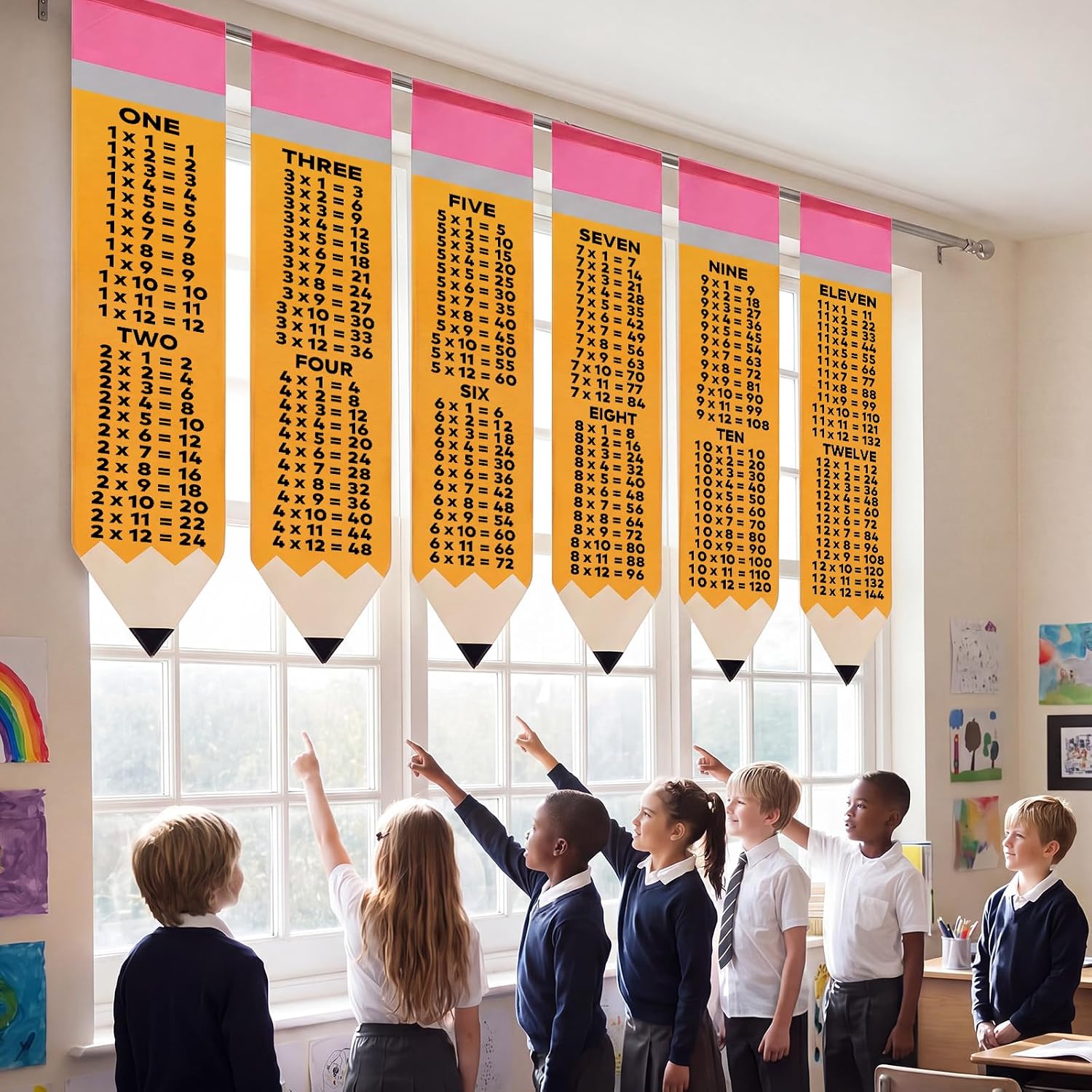 Peryiter 6 Pcs School Classroom Curtains Back to School Educational Multiplication Table Pencil Curtains for Kindergarten Daycare Primary Bedroom Playroom Math Classroom Decorations 17.7 x 70.9 Inches