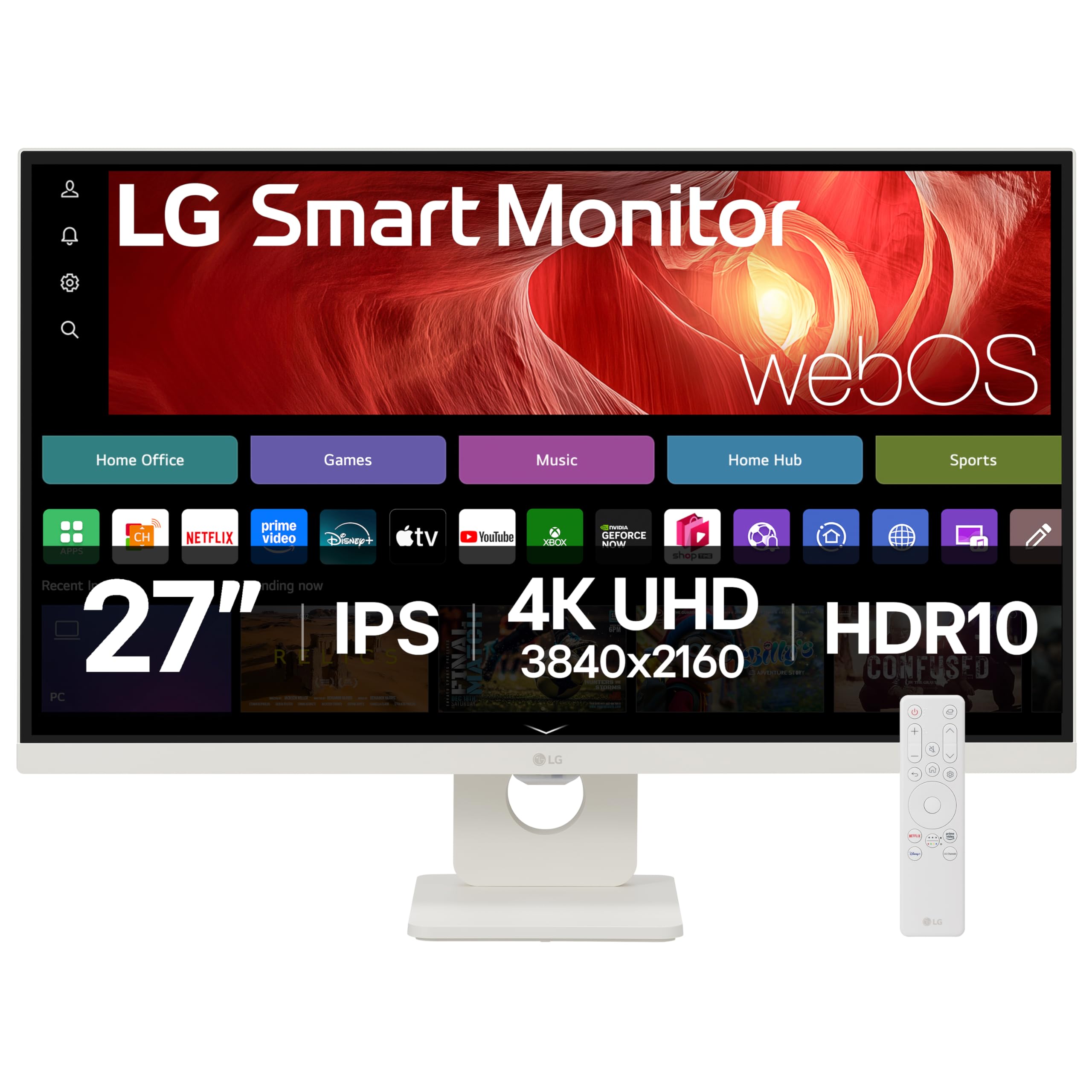 LG SMART Monitor 27U731SA-W, 4K UHD IPS 27 inch, 60Hz, 5ms GtG, HDR10, Wi-Fi, Bluetooth, Home office - Remote Desktop, Airplay, webOS smart apps with remote, Speakers, HDMI, USB-C, White