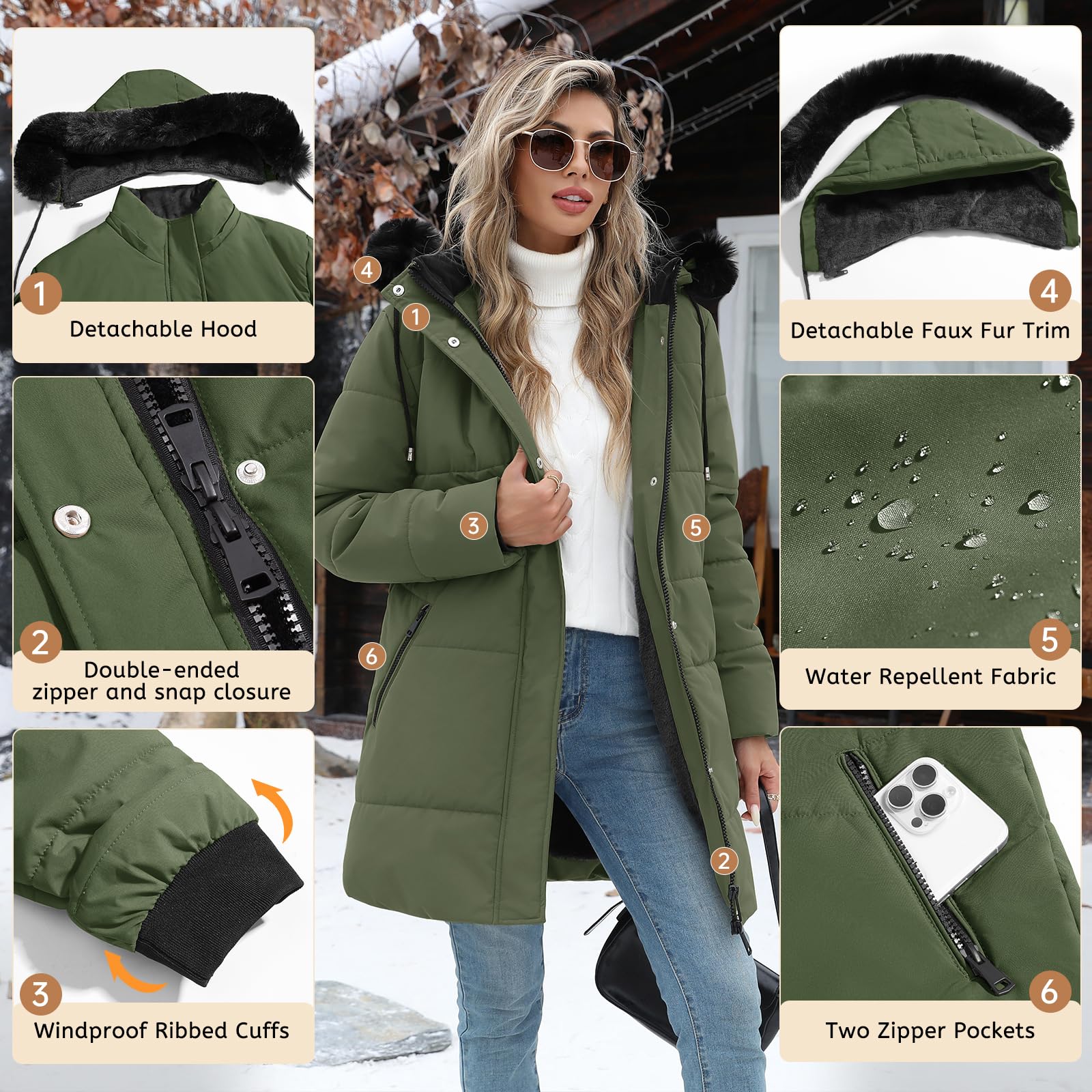 Piumino Donna Invernale Lungo Giacca Imbottito Giubbotto in Pile Caldo Cappotto Elegante Giubbino Parka Trapuntato Outwear Sport con Zip Tasche Cappuccio Rimovibile in Pelliccia