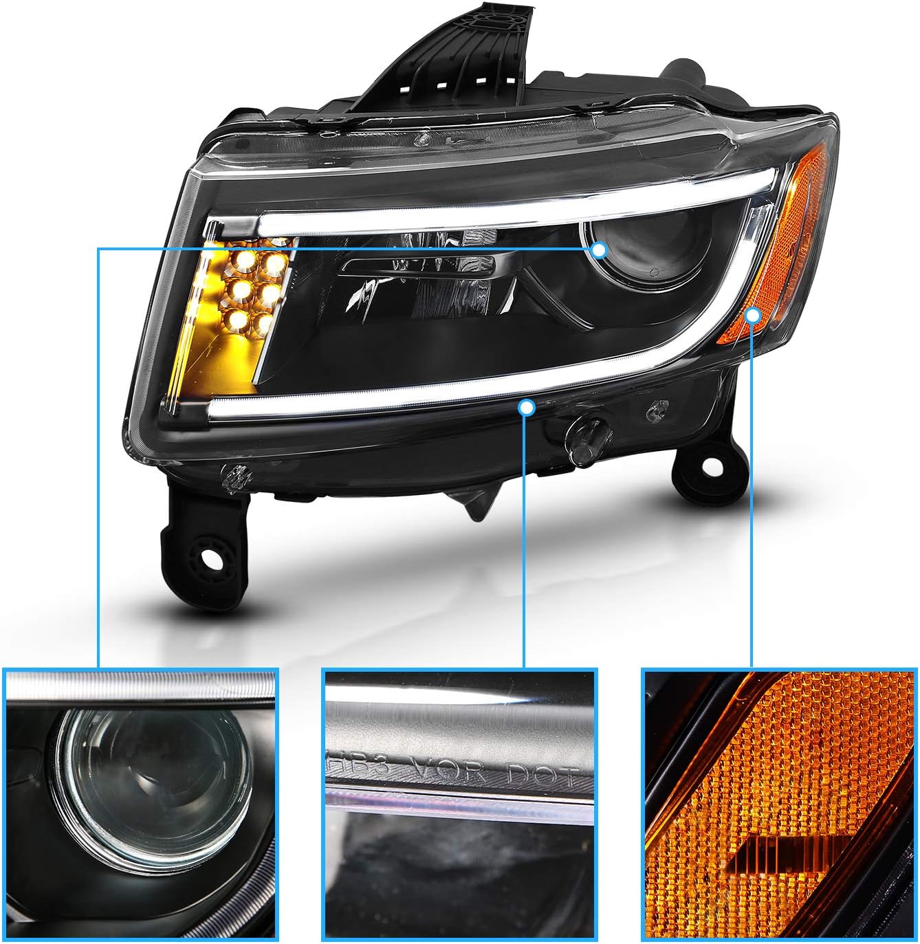 Detailed view of the AmeriLite headlight showing the projector lens, DOT/SAE markings, and amber reflector.