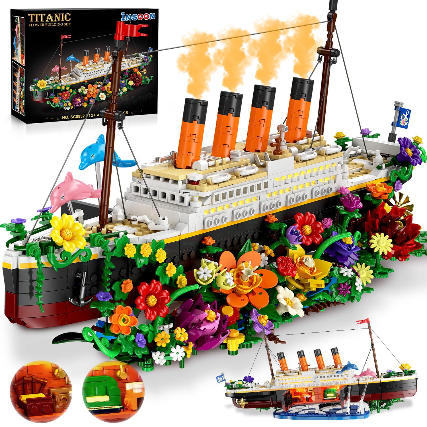 INSOON Blumen Titanic Juguete de construcción con luz, barco Titanic con flores, delfines botánicos, 1860 piezas modelo de barco, ladrillos de sujeción, regalo para adultos, niños, niños y niños