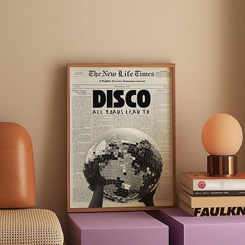 Miniatura 6 de Disco Ball Newspaper Print Retro 70s Wall Art framed poster featuring a mirrored disco ball over a vintage newspaper design for living room bedroom