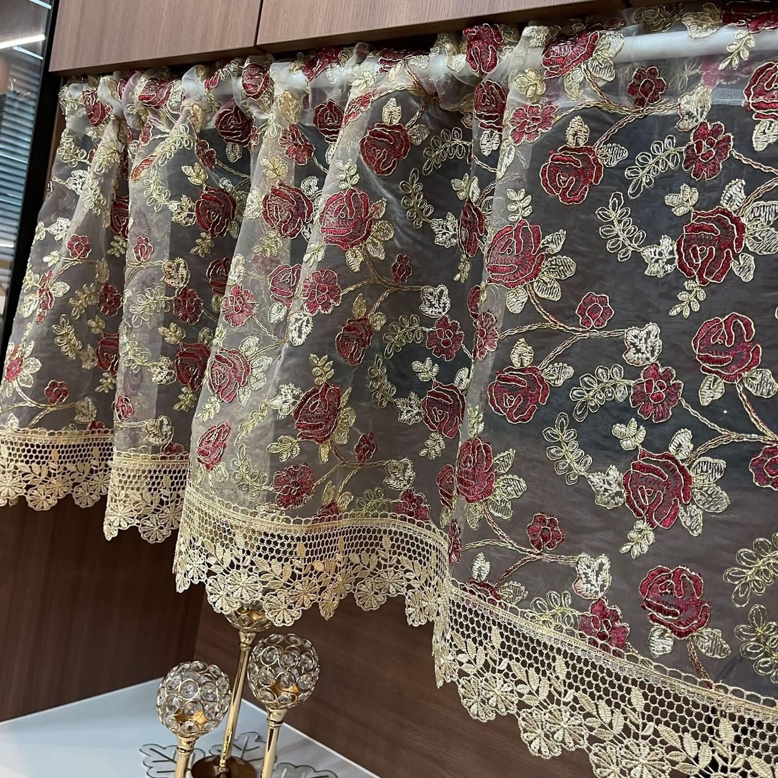 56 cm długie krótkie zasłony czerwone khaki, koronkowe kwiatowe zasłony kuchenne