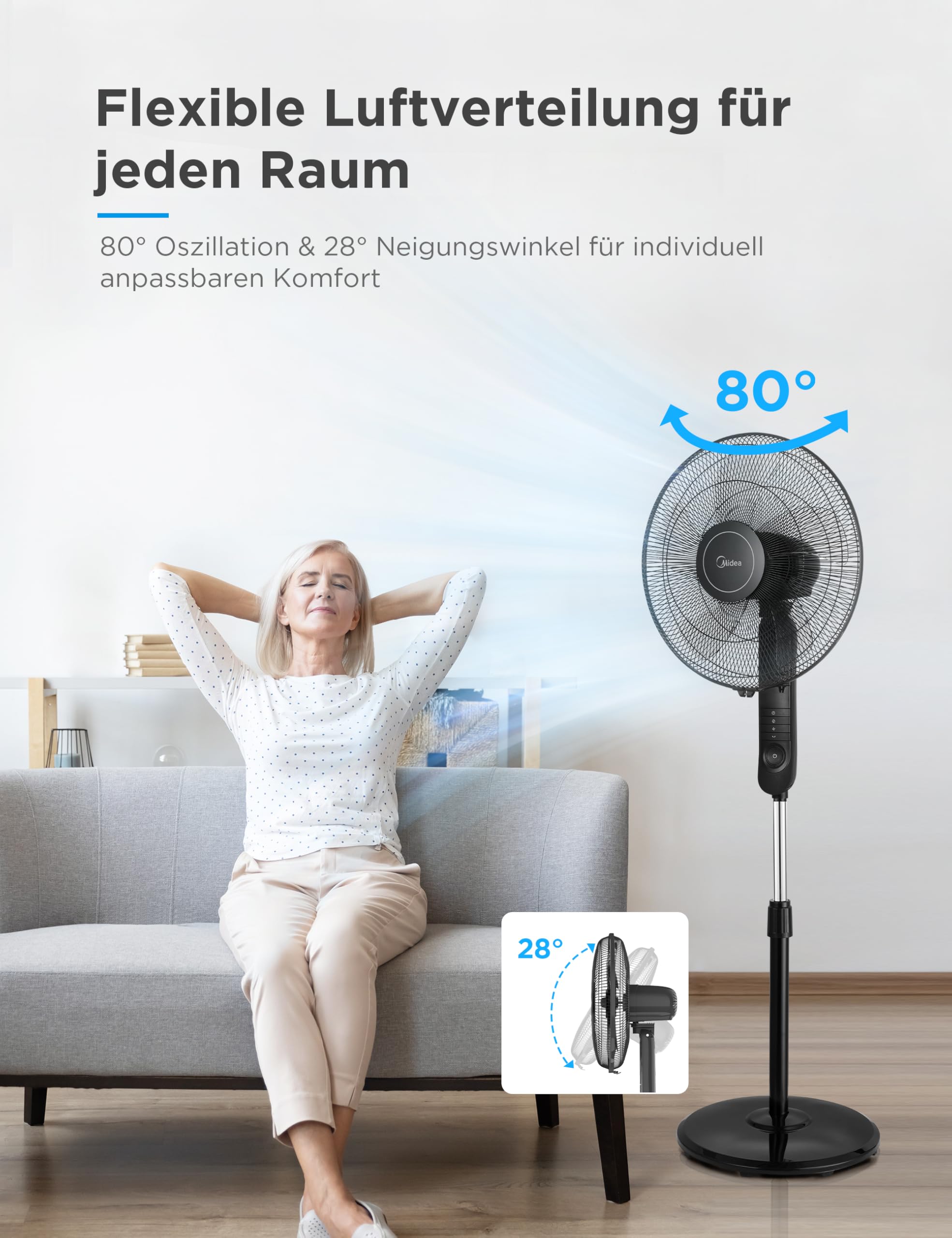 Midea FS40-15FR Standventilator 55W leise mit Fernbedienung 3 Geschwindigkeitsstufen LED Anzeige 7,5H Timer höhenverstellbar 80° Oszillation Schwarz