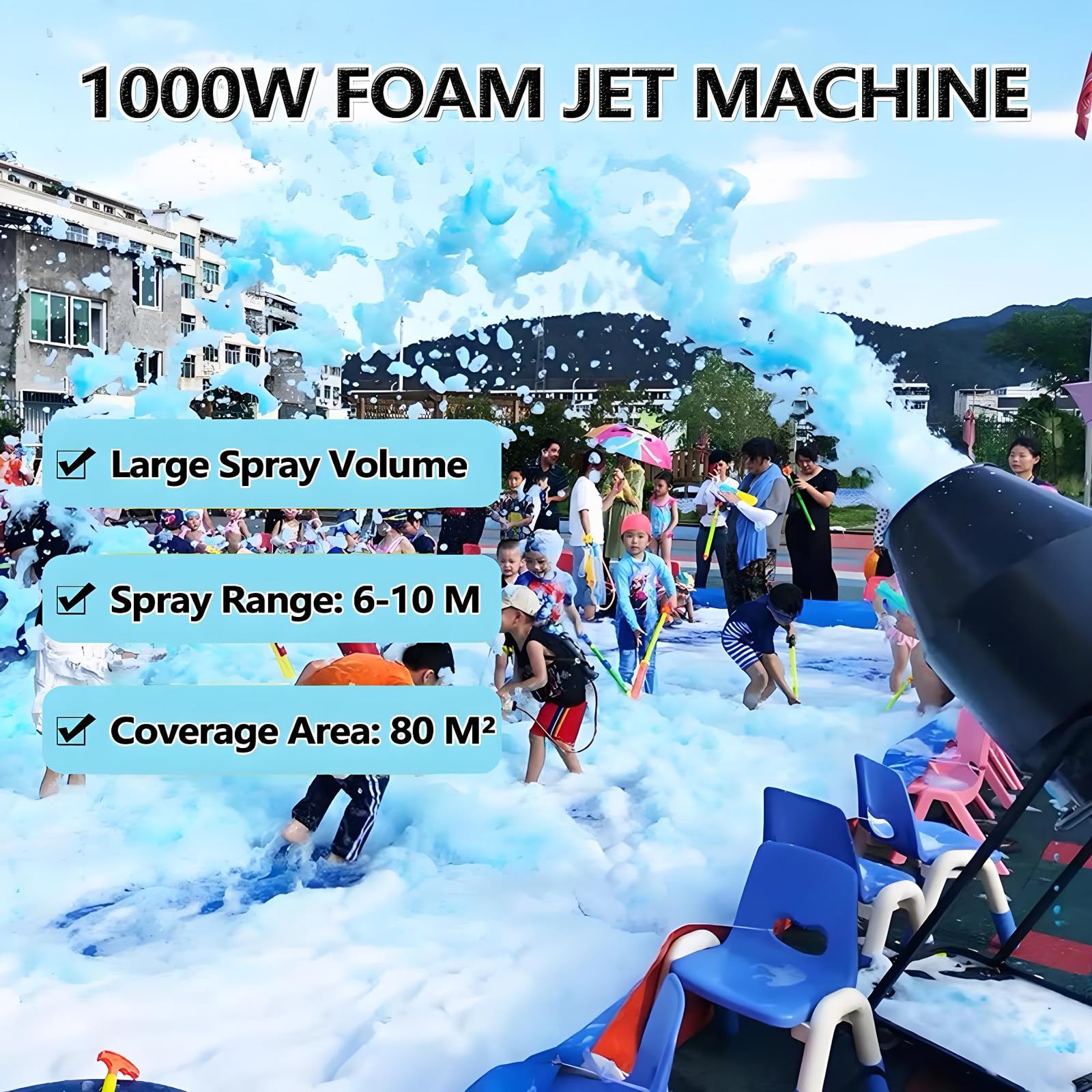 Macchina della Schiuma 1000W Ad Alta Potenza Grande Macchina della Schiuma,Angolo Regolabile,Distanza 6-10m/Area 80㎡ per Effetto di Fase Jet Foam Party All'aperto,Feste,Bambini,Estate,Nuoto
