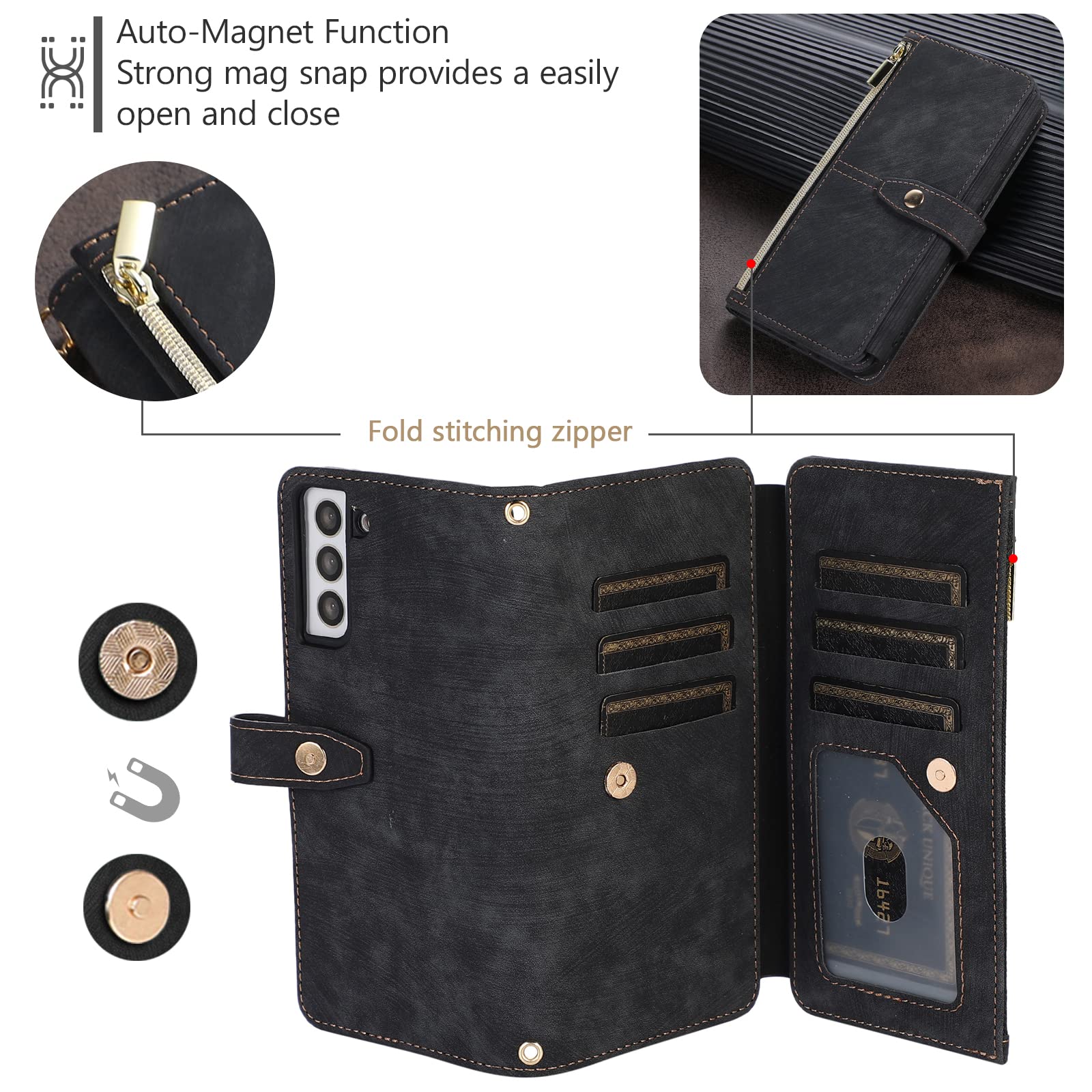 UEEBAI Etui do Samsung Galaxy S23 FE 5G, 9 przegródek na karty, retro, skórzane, z klapką, odporne na uderzenia, z paskiem na rękę, funkcja stojaka, zamek błyskawiczny, zapięcie na magnes, retro