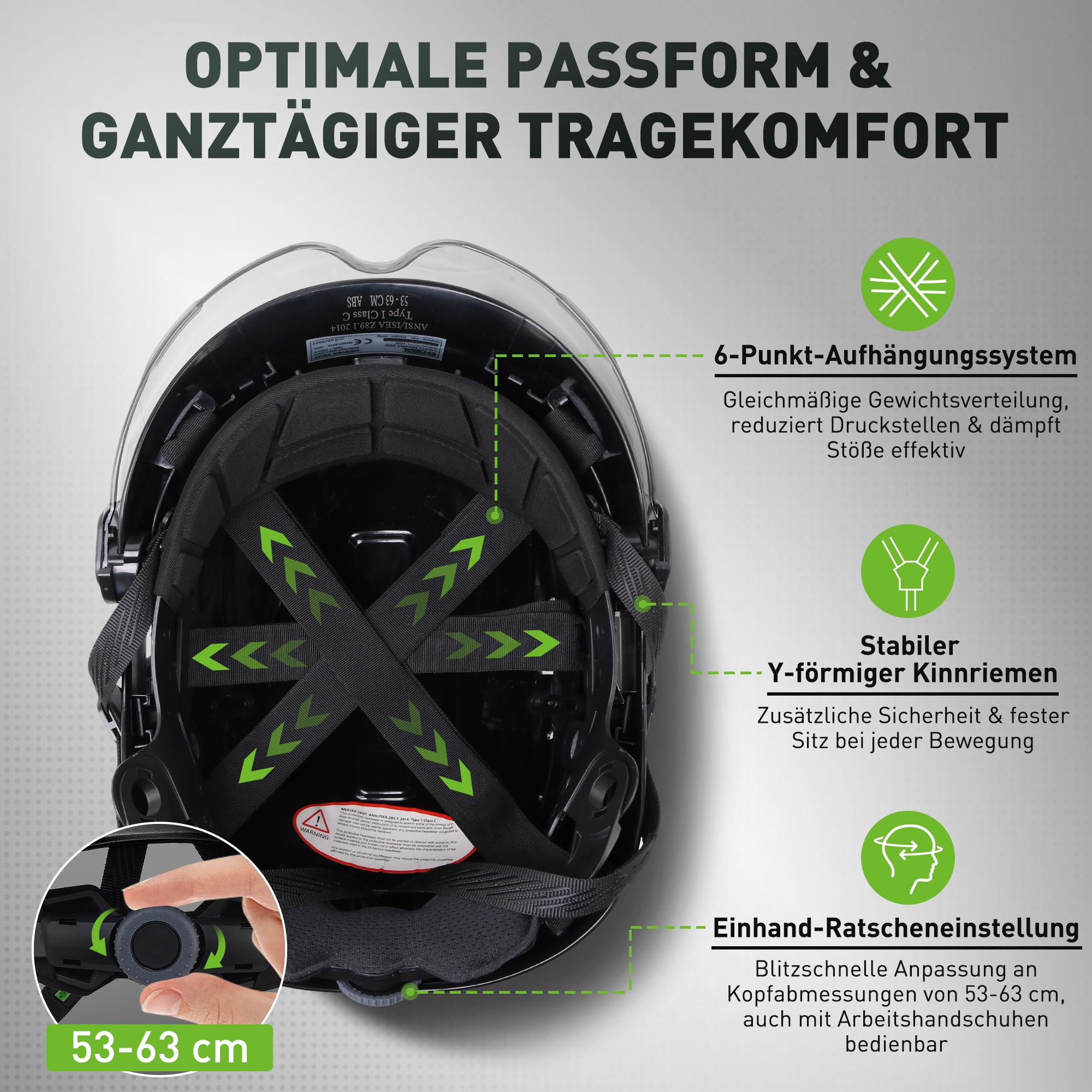 GREEN DEVIL Mervex Vent 3 w 1 kask ochronny zestaw EN 397, kask roboczy z wizjerem (przezroczysty/przyciemniany) i ochroną słuchu SNR 32 dB | kask przemysłowy ABS 53-63 cm na plac budowy, gospodarki