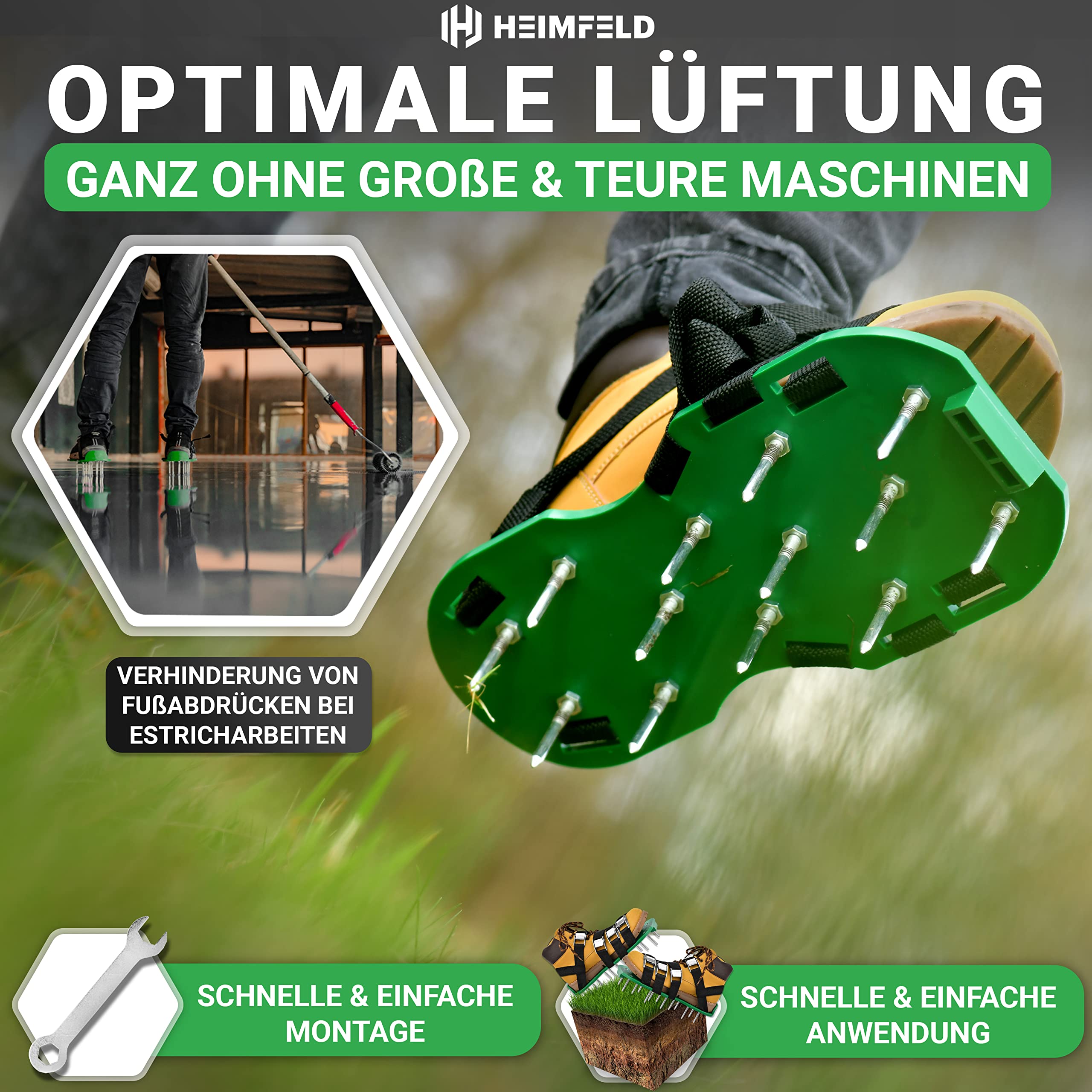 Nagelschuhe mit Riemen - Zum Rasen belüften oder als Estrichschuhe - Rasenlüfter Schuhe inkl. kurzen & Langen Nägeln - Hochwertiger Rasenbelüfter als optimaler Rasen Lüfter