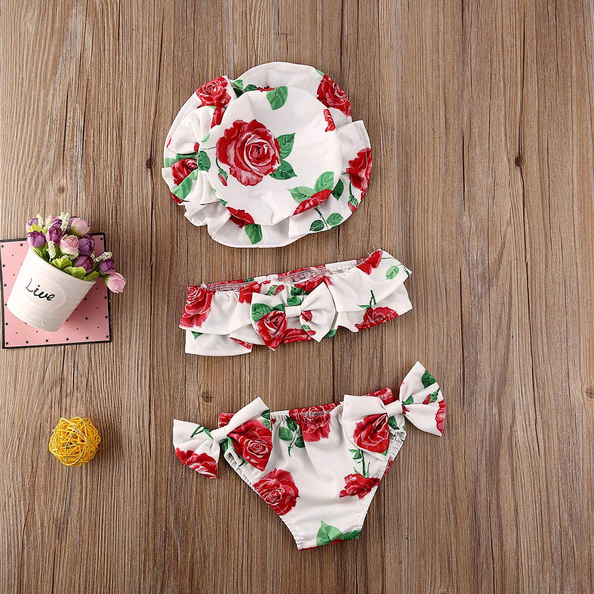 Toddler Infant Baby Girls Swimsuit Bathing Floral Striped Cami Shorts Swimming Suit Bikini Set Hat 3Pcs Swimwear (Red,6-12 Months)