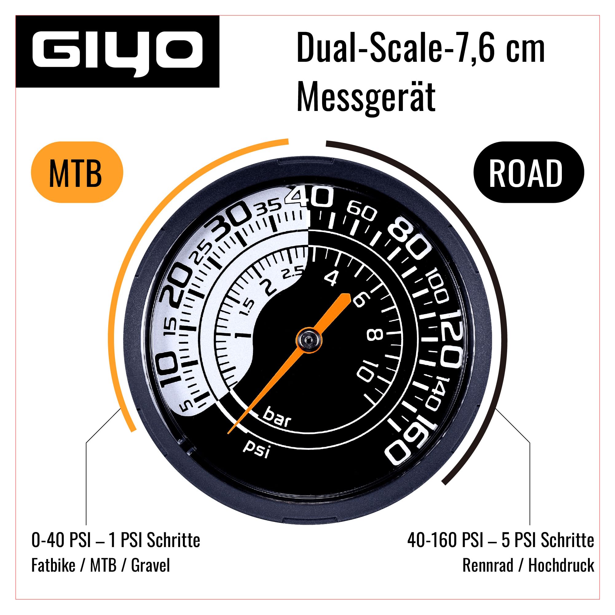 GIYO Fahrrad-Standpumpe GF27DH – Fahrradpumpe mit Präzisions-Manometer für niedrigen & hohen Reifendruck, Einhand-Ventilkopf für Presta, Autoventil/Schrader & Dunlop,Tubeless-kompatibel,11 bar/160 psi