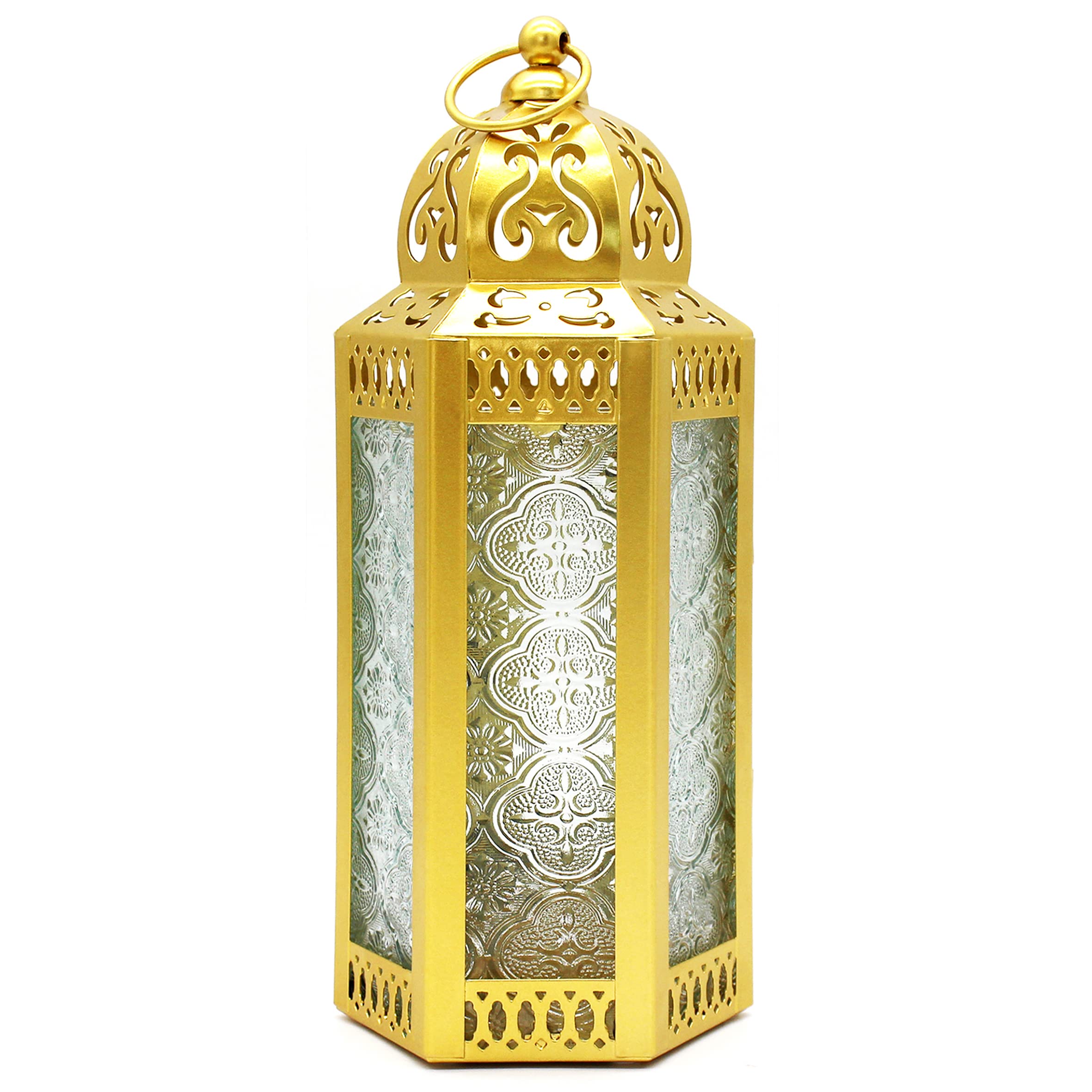 CVHOMEDECO. Decorative Candle Lantern Moroccan Lanterns Vintage Golden Metal Lantern Holder for Home Patio Outdoor Decor. Clear Glass, Medium