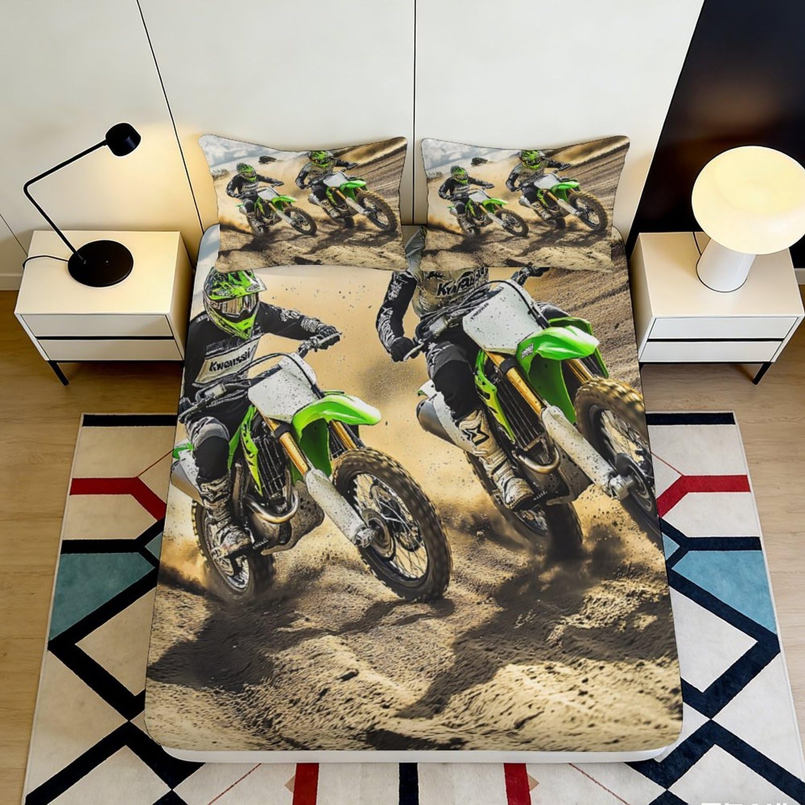 3D Printed Dirt Bike Racing Fitted Sheet Microfiber Anti-Slip Motocross Mattress Cover for Bedroom Dorm Decor 90x200x25cm