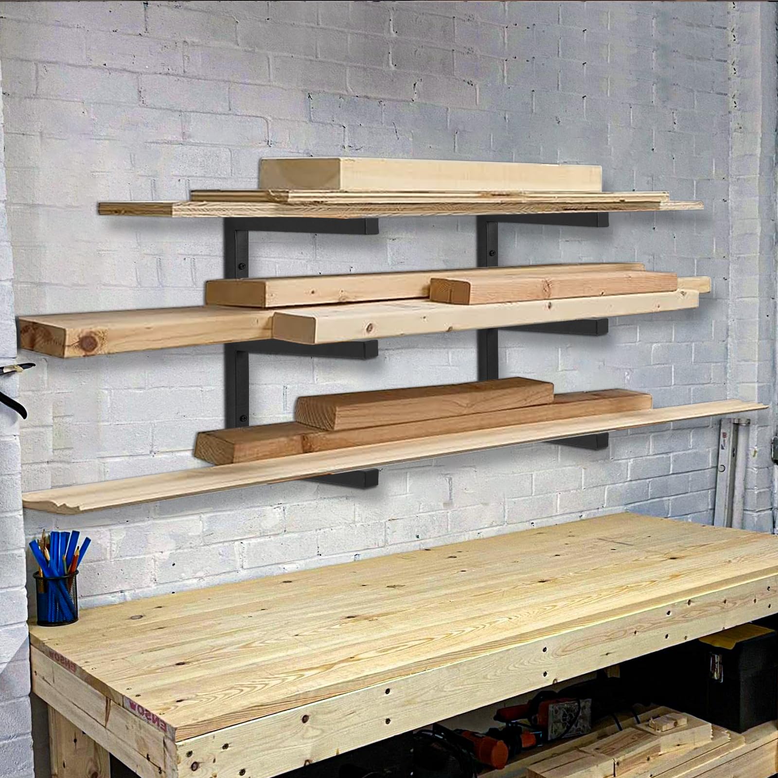 AKOZLIN Scaffale in legno a 3 livelli, montato a parete, in tubo di legno, per interni ed esterni (2 pezzi)