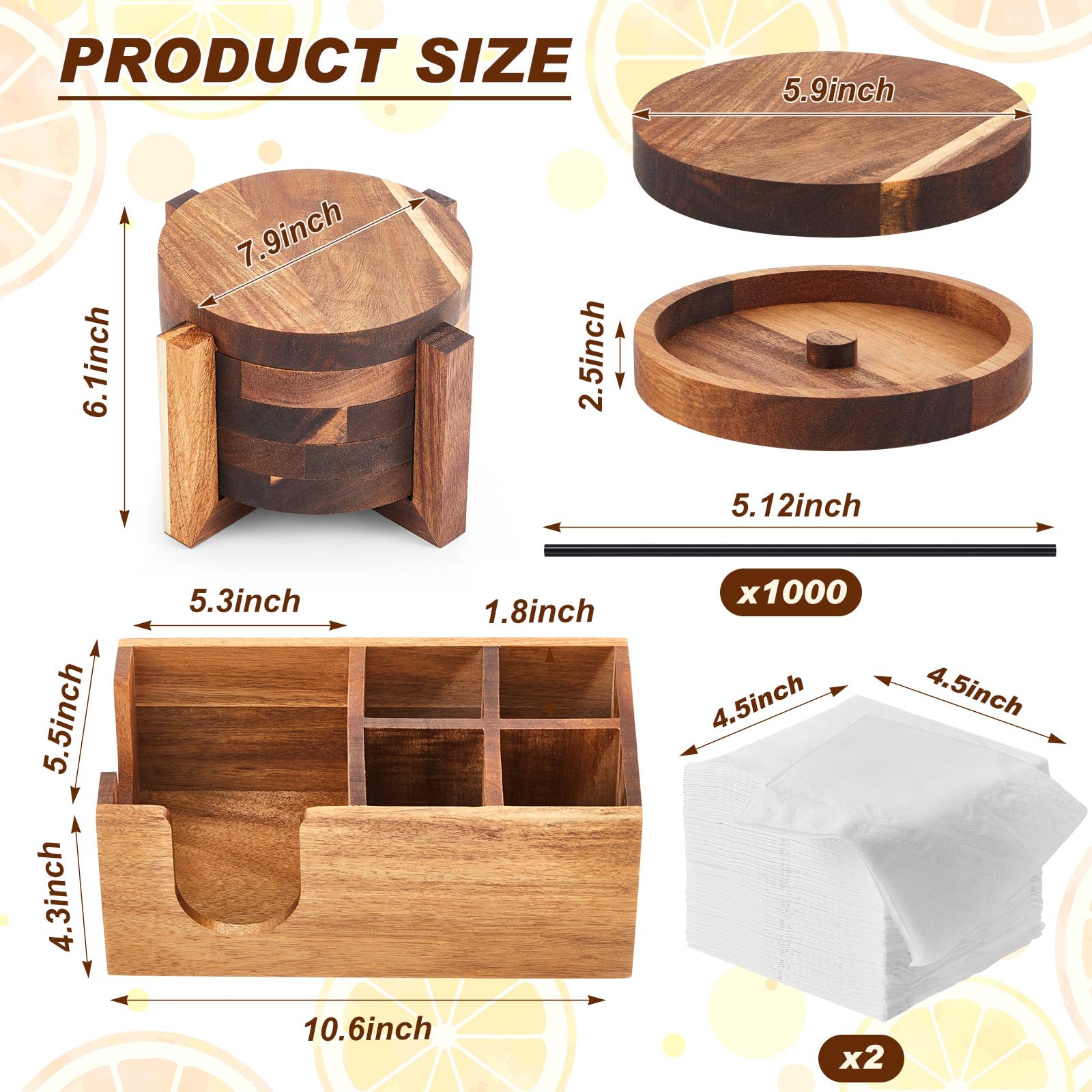 Mifoci Barista multifunzione a 5 ripiani in legno di acacia con 12 pezzi in acciaio inox classico versatore per bottiglie con 6 scomparti, 1000 pezzi mescolatori per caffè e cocktail 200 tovaglioli