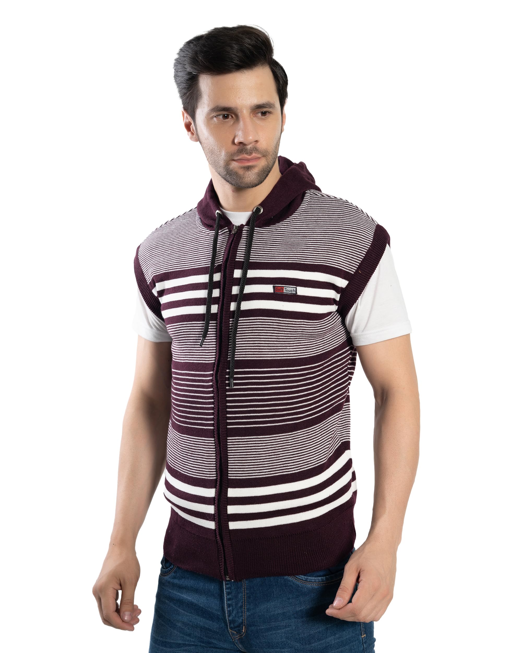 manra Men's Sleeveless Hooded Stripe Woolen Sweater | Stylish Zipper Sweatshirt | Regular Fit for Winter Office & Casual Wear-picture-12