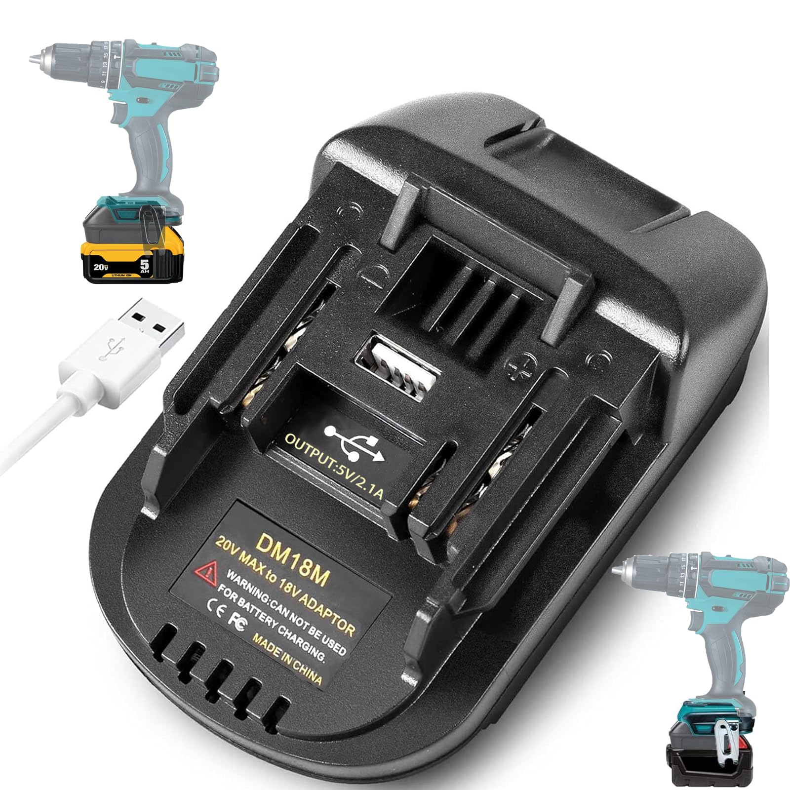 BAT20TL DM18M Battery Adapter for Makita 18V Power Tool, Convert for Dewalt 20V & for Milwaukee M-18 to for Makita BL1830 BL1840 With USB Charging Port — image 1