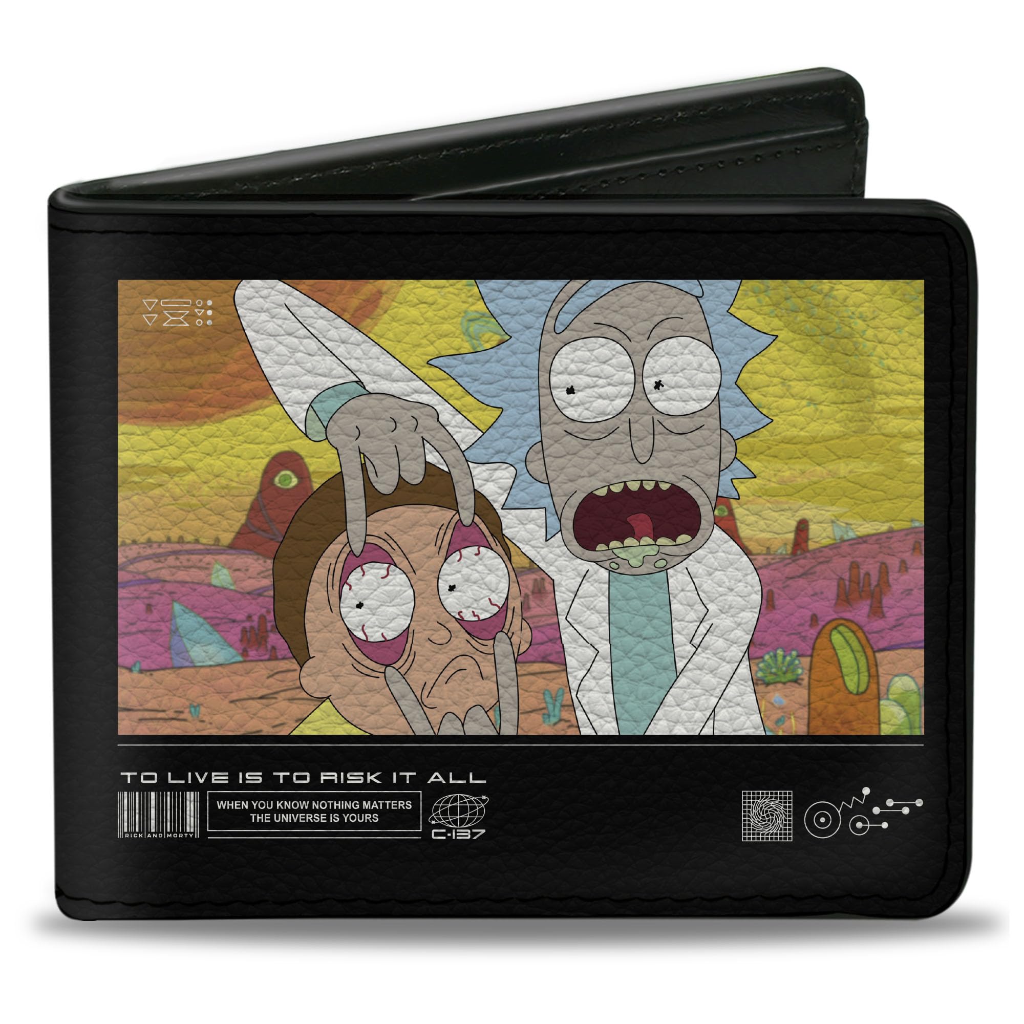 Buckle-Down Rick and Morty Wallet, Bifold, Rick and Morty To Live Is To Risk It All Pose Multi Color, Vegan Leather