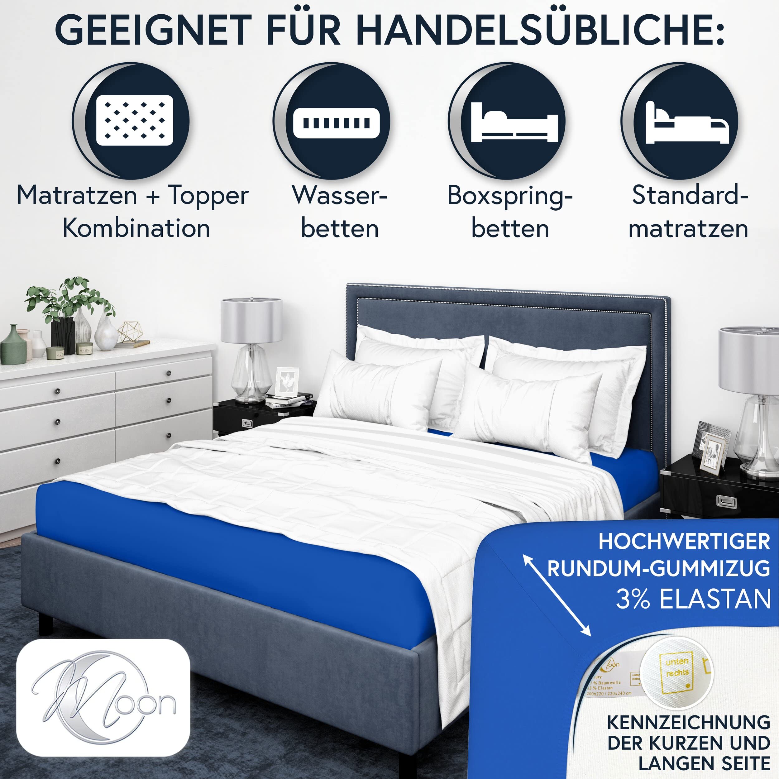 Moon -Luxury Prześcieradło z gumką, dżersej, 230 g/m², do łóżek wodnych, łóżek kontynentalnych i tradycyjnych materacy (błękit królewski, 200 x 220 – 220 x 240 cm)