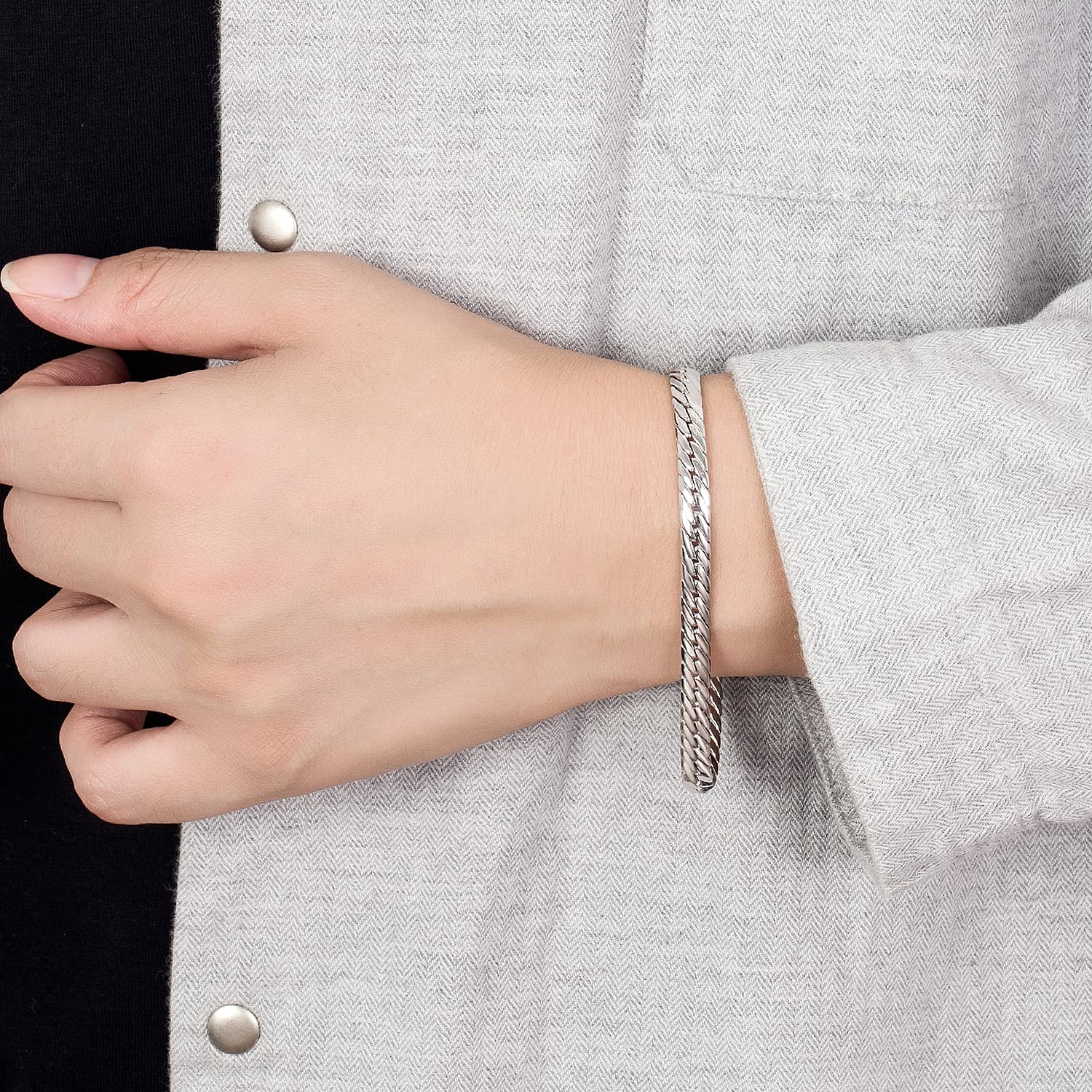 Dankadi Braccialetto a forma di serpente, 6 mm, in argento Sterling 925, 24 K, dorato, catena a serpentina piatta 6,7" a 9", bracciale morbido, maglia rotonda, regalo di gioielli per festa per uomo e