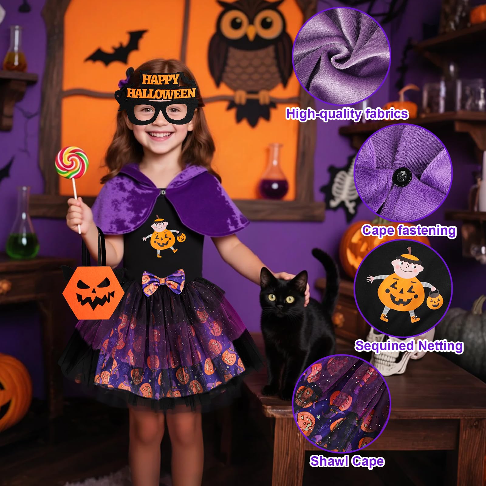 TAGVO Costume da Strega Halloween per Bambina, Ragazze Principessa Vestito Strega Viola Poncho Cappuccio Capo Paillettes Tulle Abiti serbatoio per bambini Halloween fantasia vestire per 1-6 anni