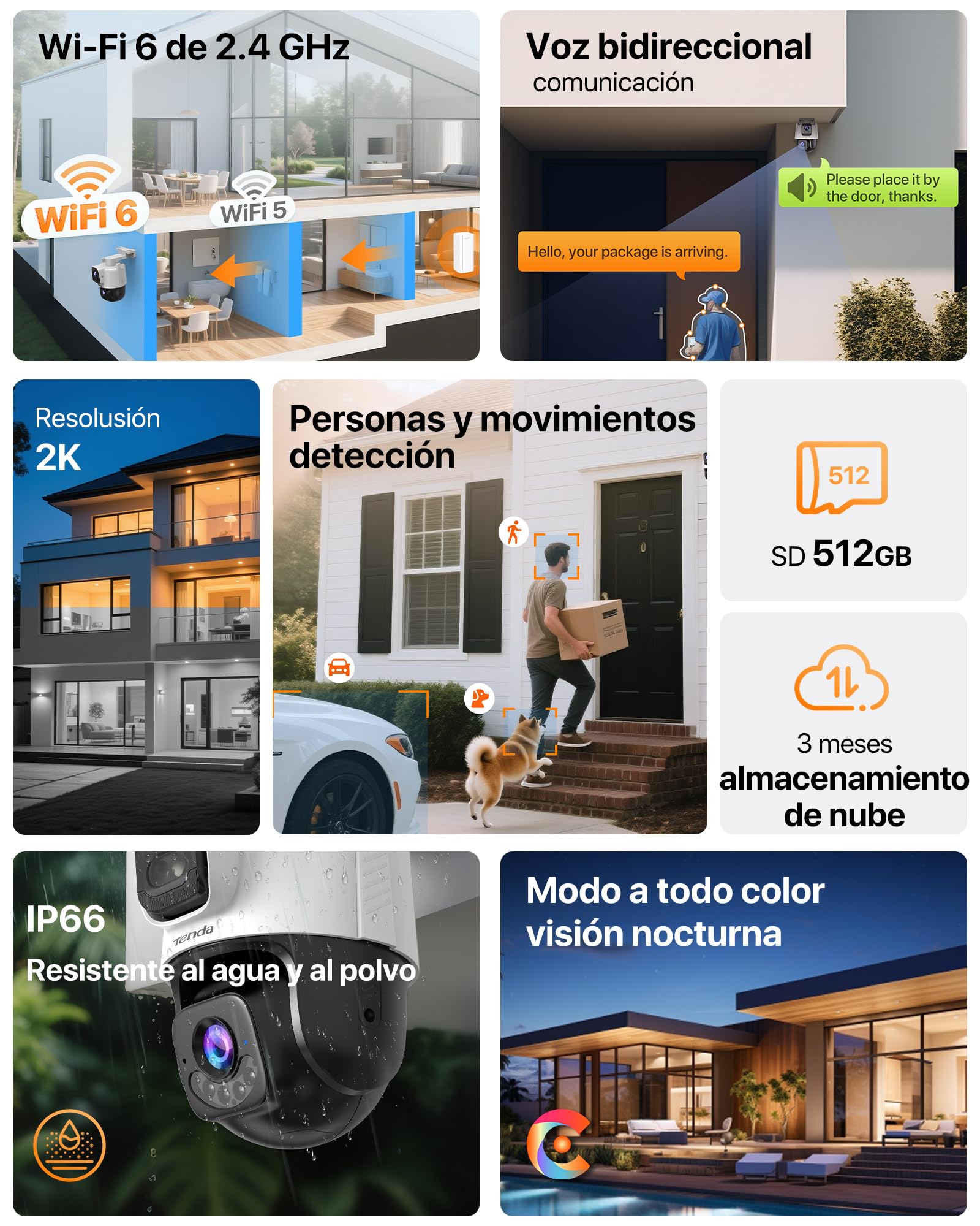Tenda CH9 Cámara Vigilancia Wifi Exterior con lente dual 2K+2K, Visión nocturna, Camara vigilancia de seguridad, Detección de personas y vehículos, Alerta y Seguimiento automático, Audio bidireccional