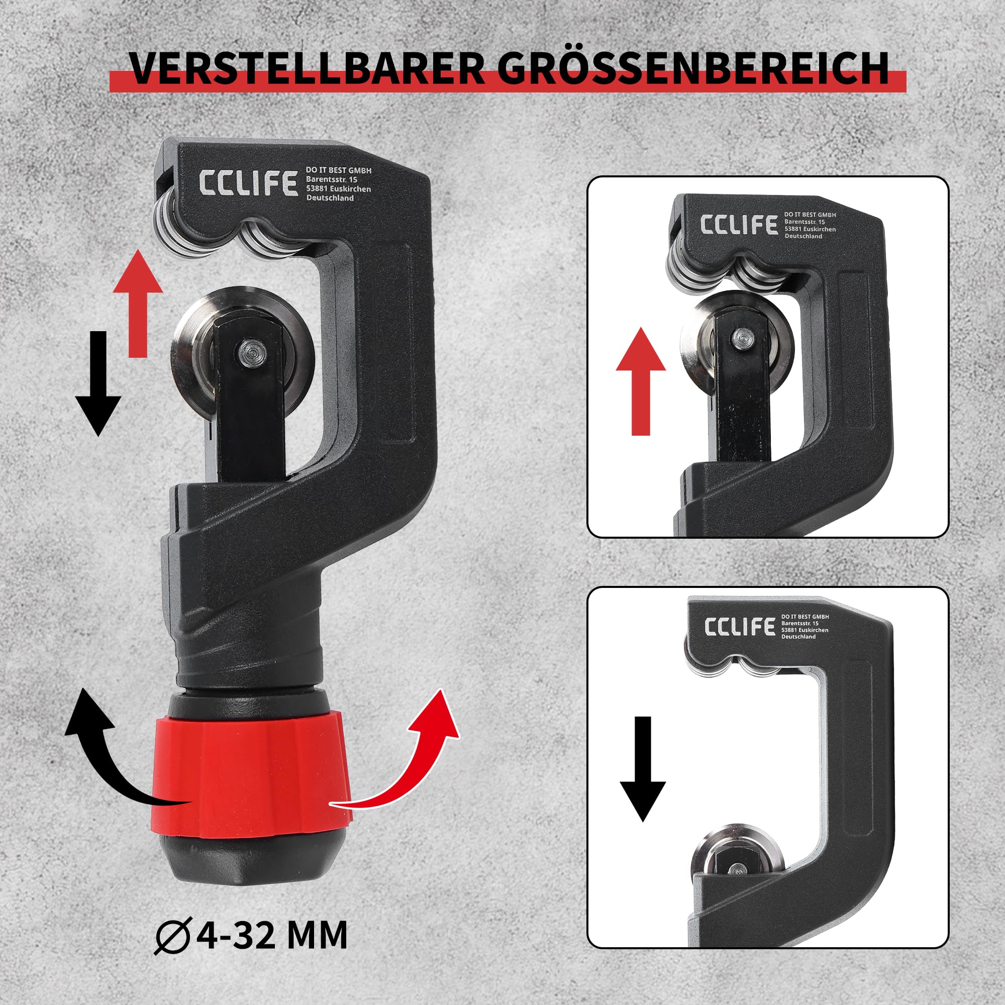 CCLIFE Rohrschneider, Rohrabschneider, 4-32mm, Schwarz und Rot, 1er-Pack | Rohrabschneider, 6 Führungsrollen, Aluminiumlegierung, für Edelstahlrohre, Stahlrohre, Kupferrohre, und Kunststoffrohre