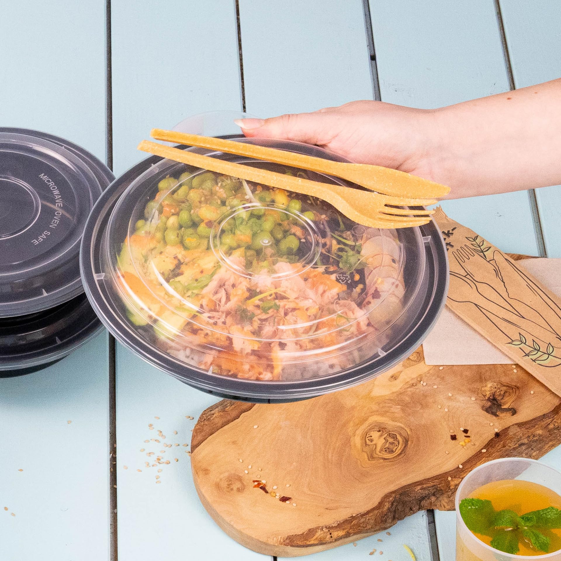 300x Mehrwegbox mit transparentem Deckel aus PP 1000 ml schwarz - Lebensmittelaufbewahrung mikrowellengeeignet & recycelbar - to-go Behälter