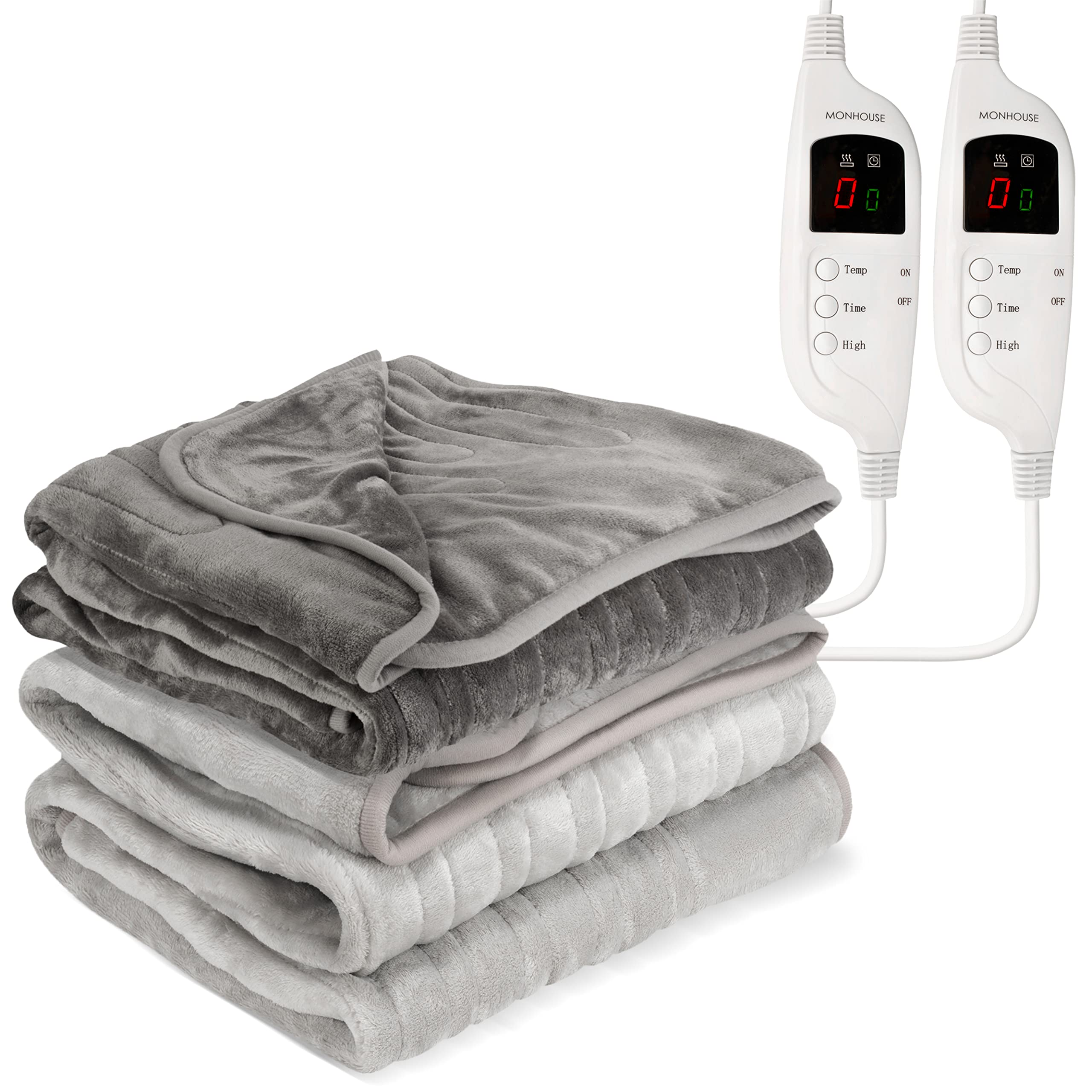 Monhouse Grey/Silver Heated Throw - Pack Of 2 Electric Blankets - Digital Controller - Timer Up To 9 Hours, 9 Heat Settings, Auto Shutoff - Machine Washable - Single 130X160cm