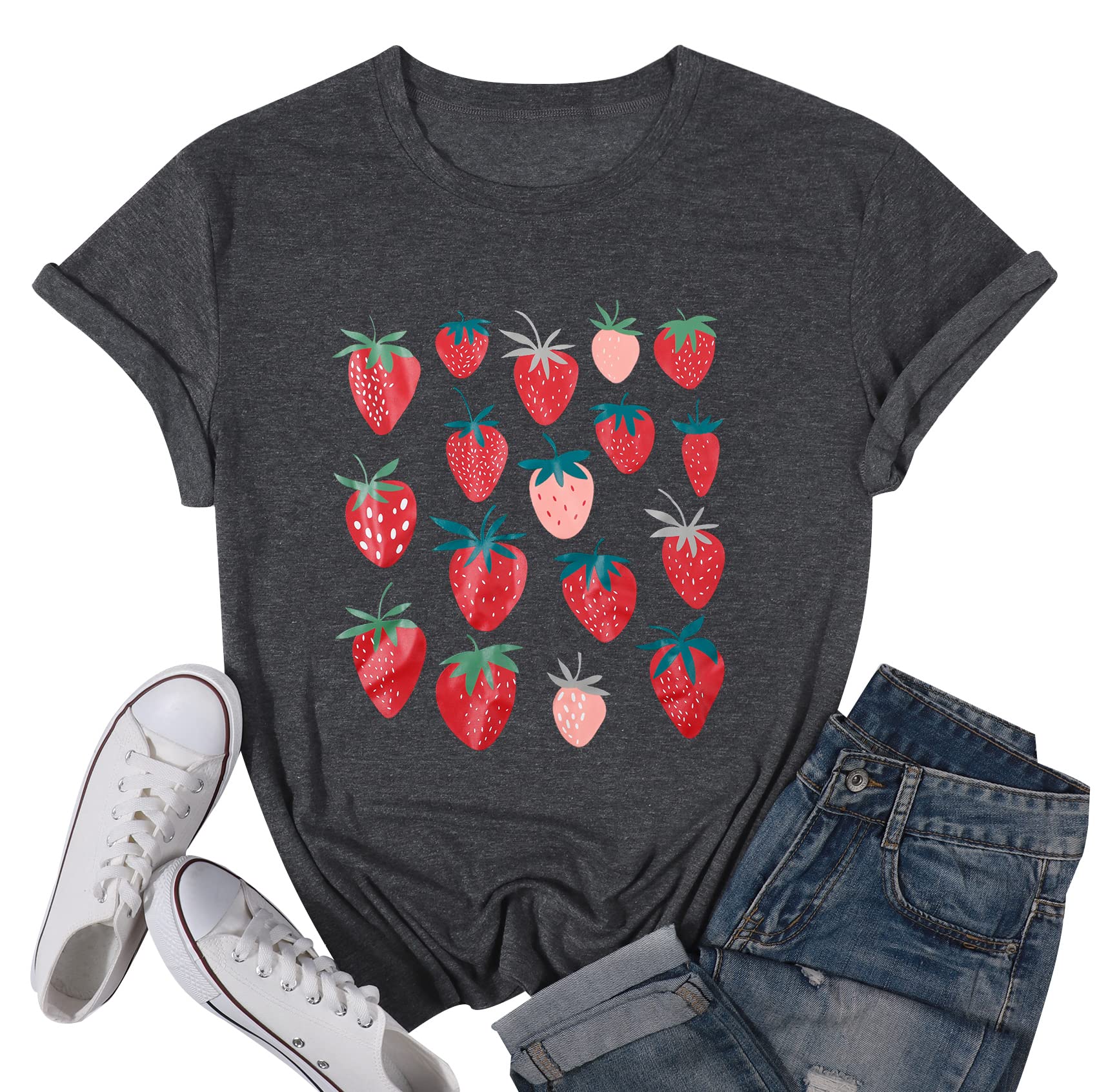 JINTINGWomen Strawberry Cute Graphic T Shirts Fruit Shirts Strawberries Print Cottagecore Clothing Tshirt Garden Tee Tops