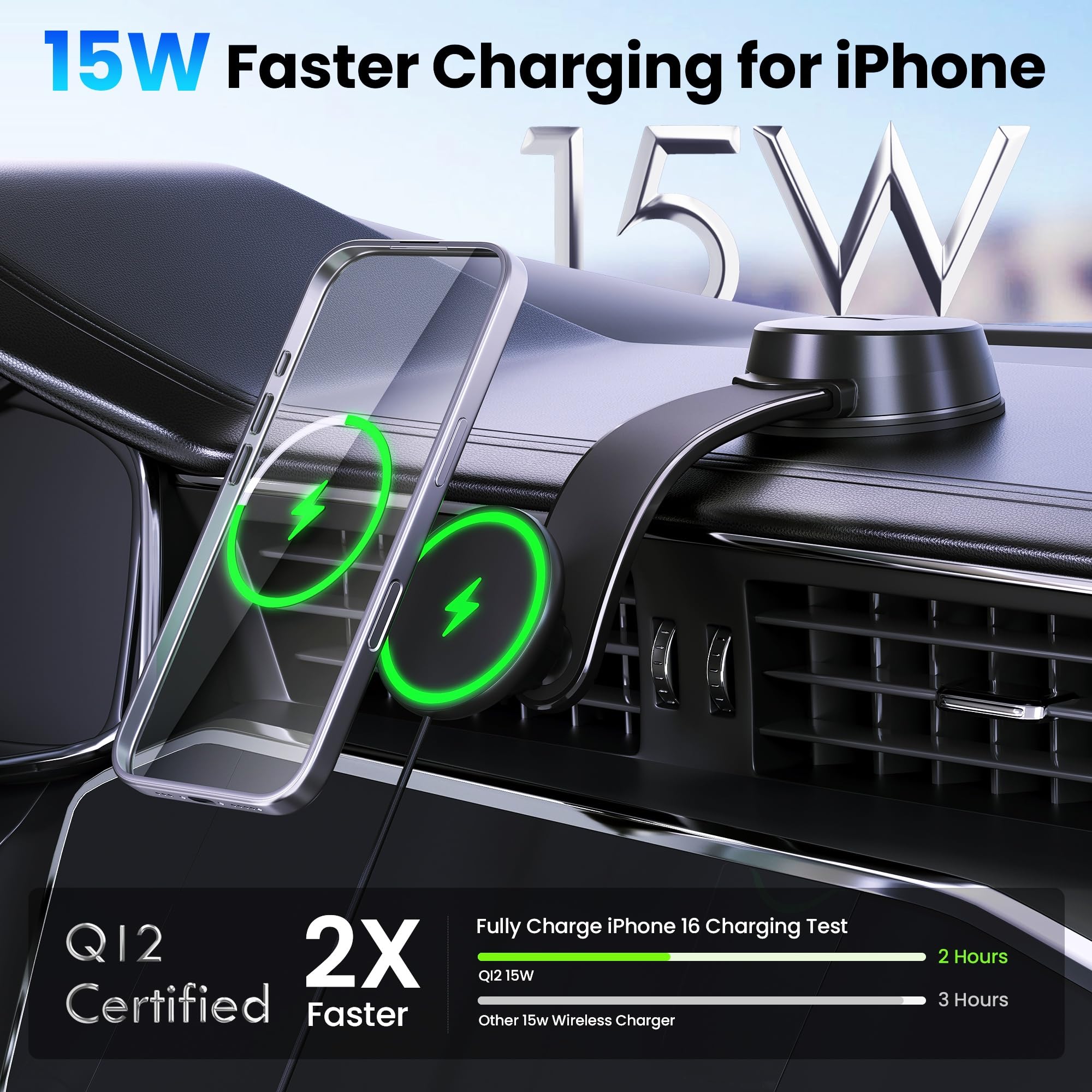 Upgrade [Certyfikat Qi2] 15 W do bezprzewodowego uchwytu ładowarki samochodowej MagSafe, szybkie ładowanie 2 x [bezpieczne ssanie 90 + LBS] magnetyczny uchwyt na telefon deska rozdzielcza