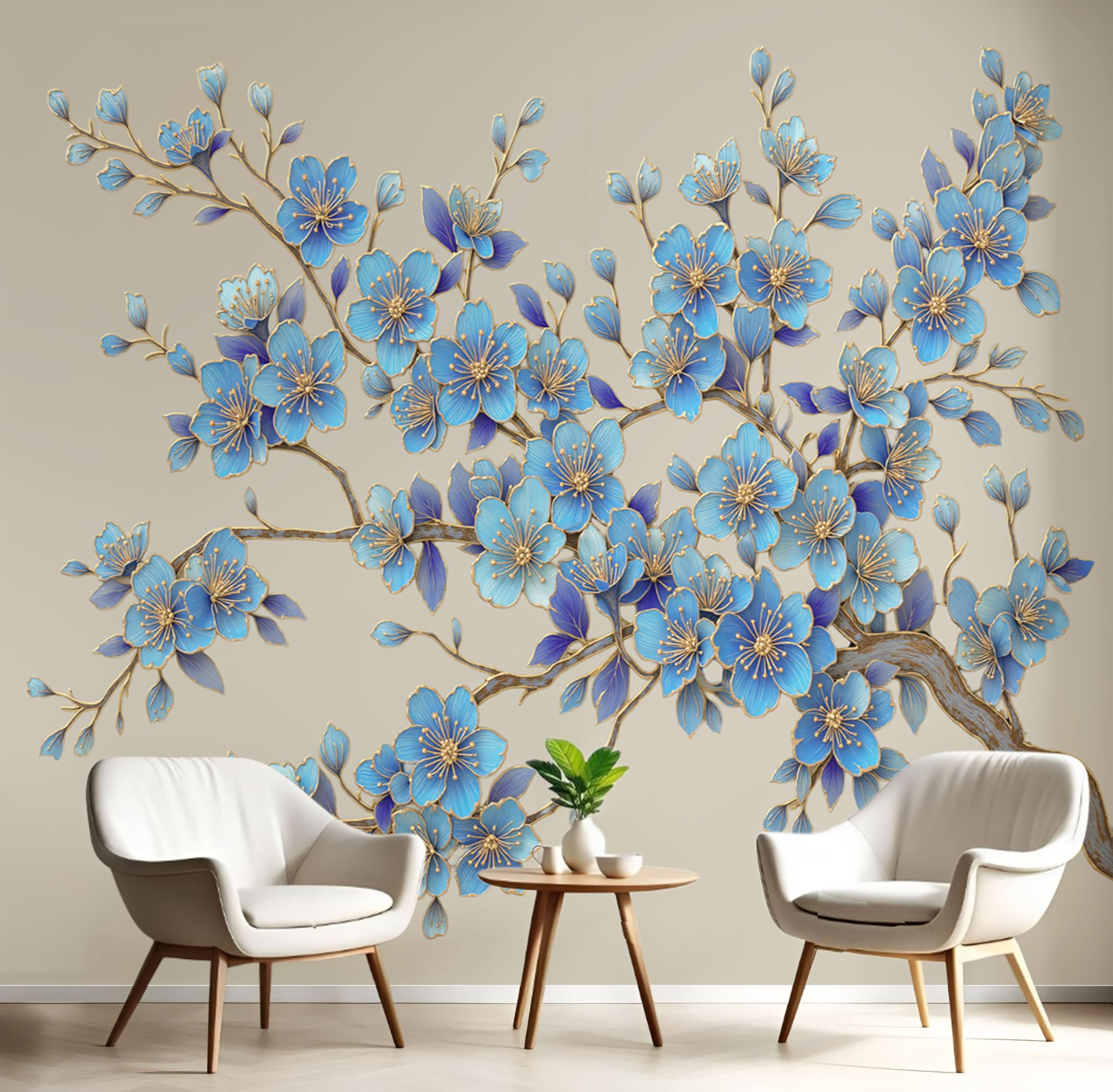Papier peint panoramique bleu en tissu non tissé élégant pour salon