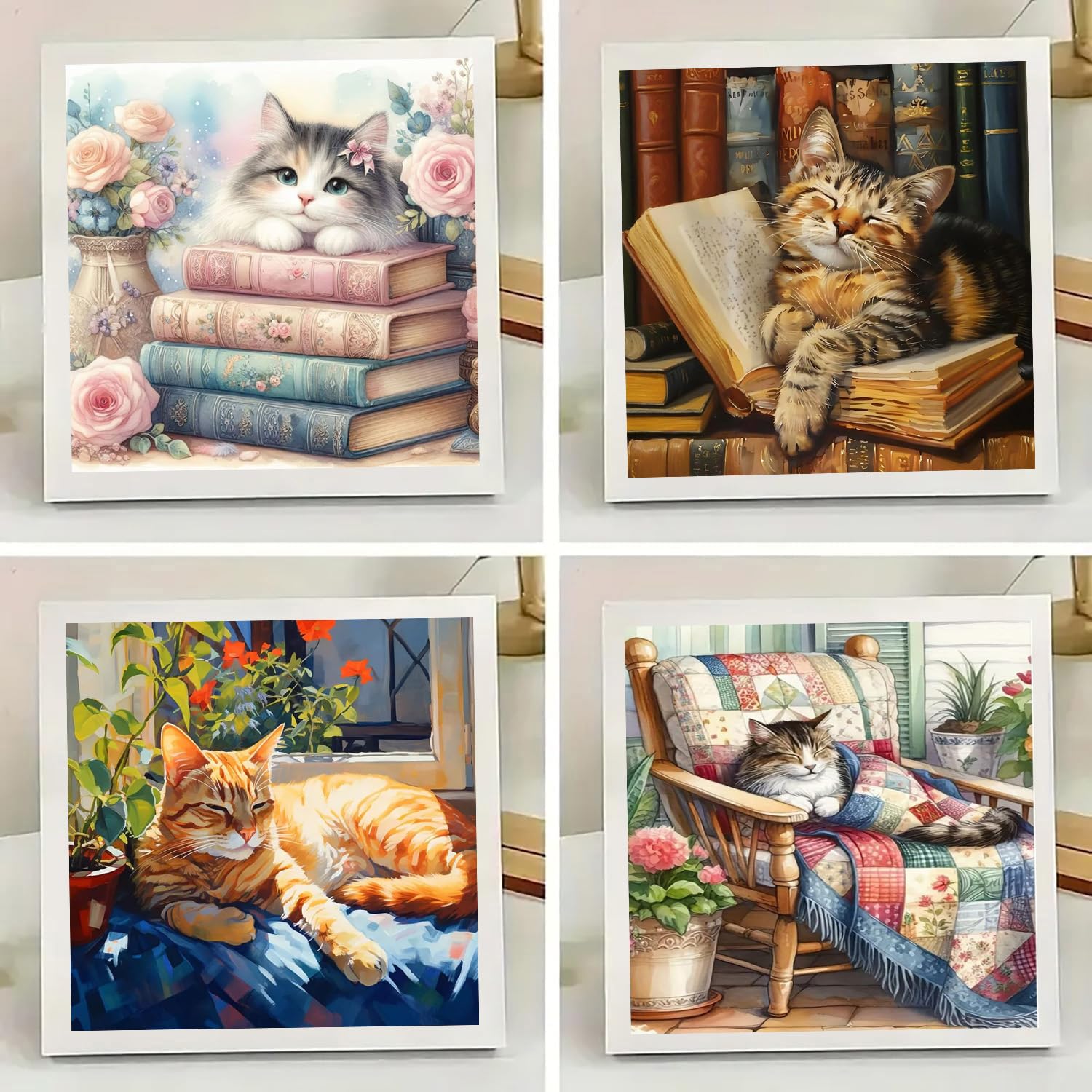 mrpwnle Confezione da 4 kit per pittura con diamanti a forma di gatto per adulti, kit per pittura con diamanti 5D per adulti e principianti, kit per decorare le pareti della casa, 35 x 35 cm